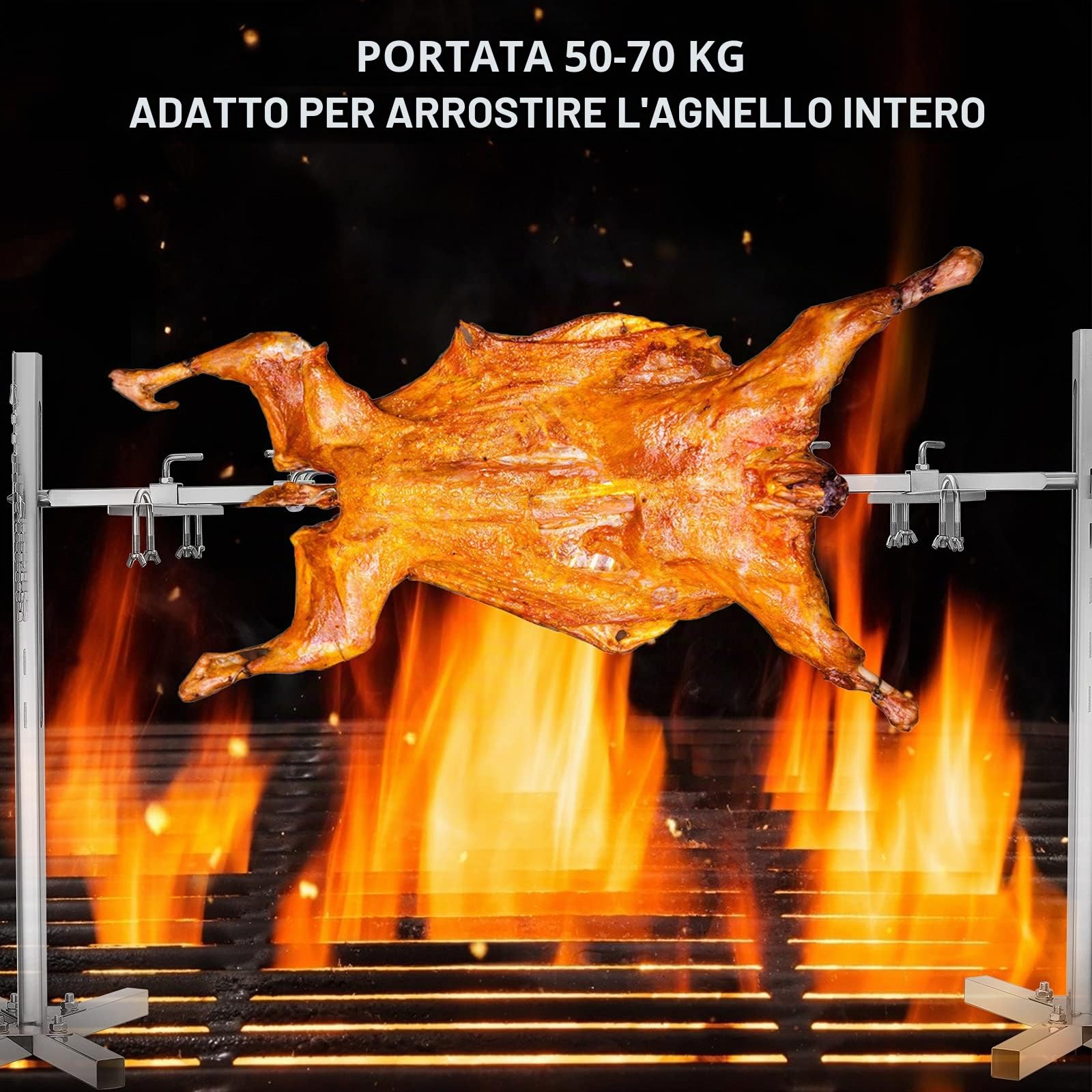Girarrosto elettrico per barbecue, motore 15W a rotazione 360°, altezza regolabile 38-62 cm, spiedo in acciaio inox per maialino, agnello e tacchino, portatile per esterni e campeggio