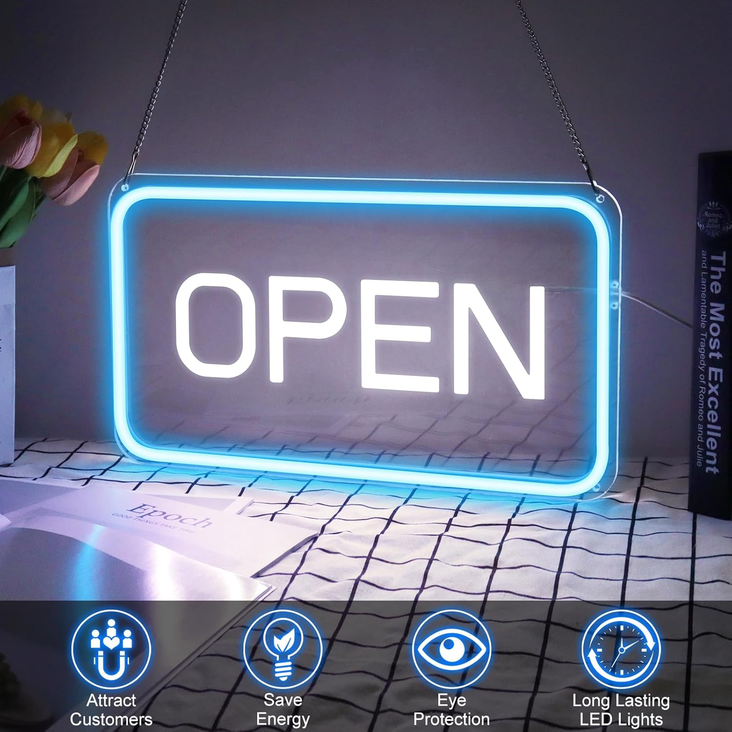 Open Signs for Business, 16''×9'' Bright COB Open Sign LED Powered by USB with ON/OFF Switch, Adjustable Brightness Neon Open Sign for Bars, Party, Window, Stores, etc (Ice Blue & White; Horizontal) - Image 3