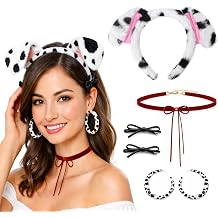 Adult Women Dalmatian Costume Accessories Set | Include Dog Ear Headband, Dalmatian Hoop Earrings, Velvet Choker & Hair Bow for Halloween, Costume Parties & Cosplay