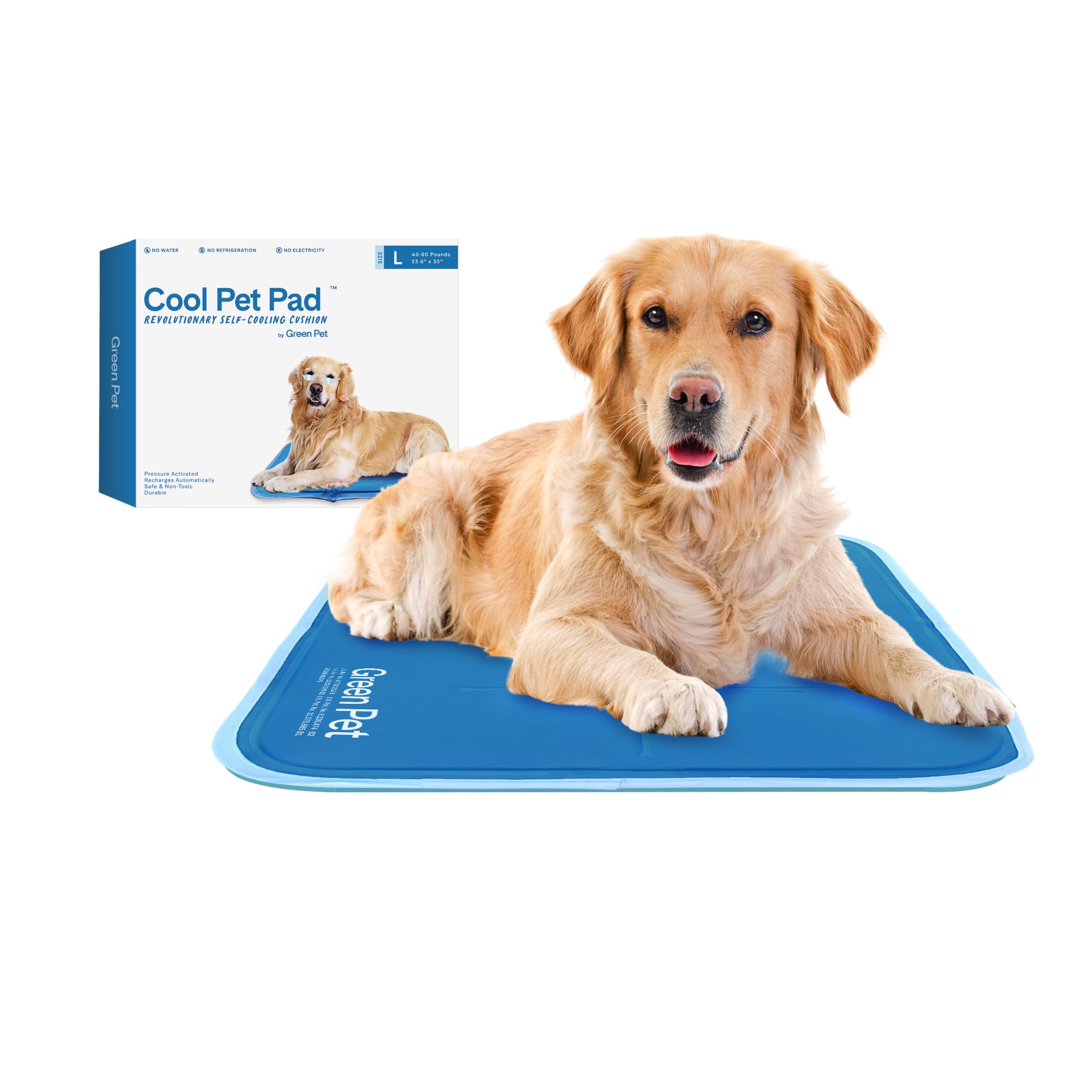 The Green Pet Shop Cool Pet Pad - Large, Blue - Self-Cooling, Pressure Activated Mat for Dogs & Cats from 46-80 lbs - Non-Toxic Gel, No Water Needed Large Blue