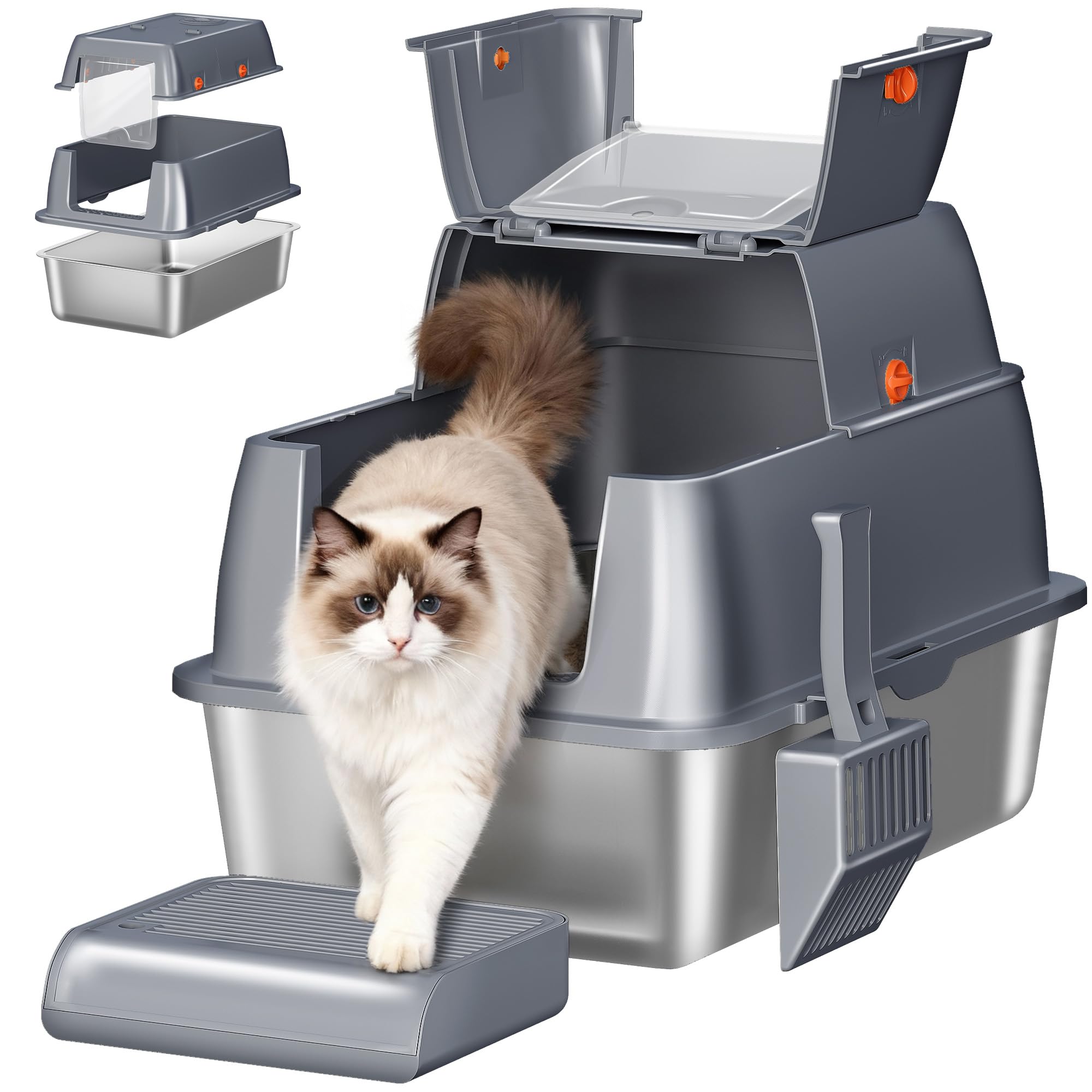Arenero Acero Inoxidable Gatos con Tapa, XXL Arenero Cerrado para Gatos, Tapa con Bisagra de 180°, Incluye Pedal y Pala, Fácil de Limpiar, Diseño Modular, 61 L x 41 A x 40 H cm, Gris Oscuro