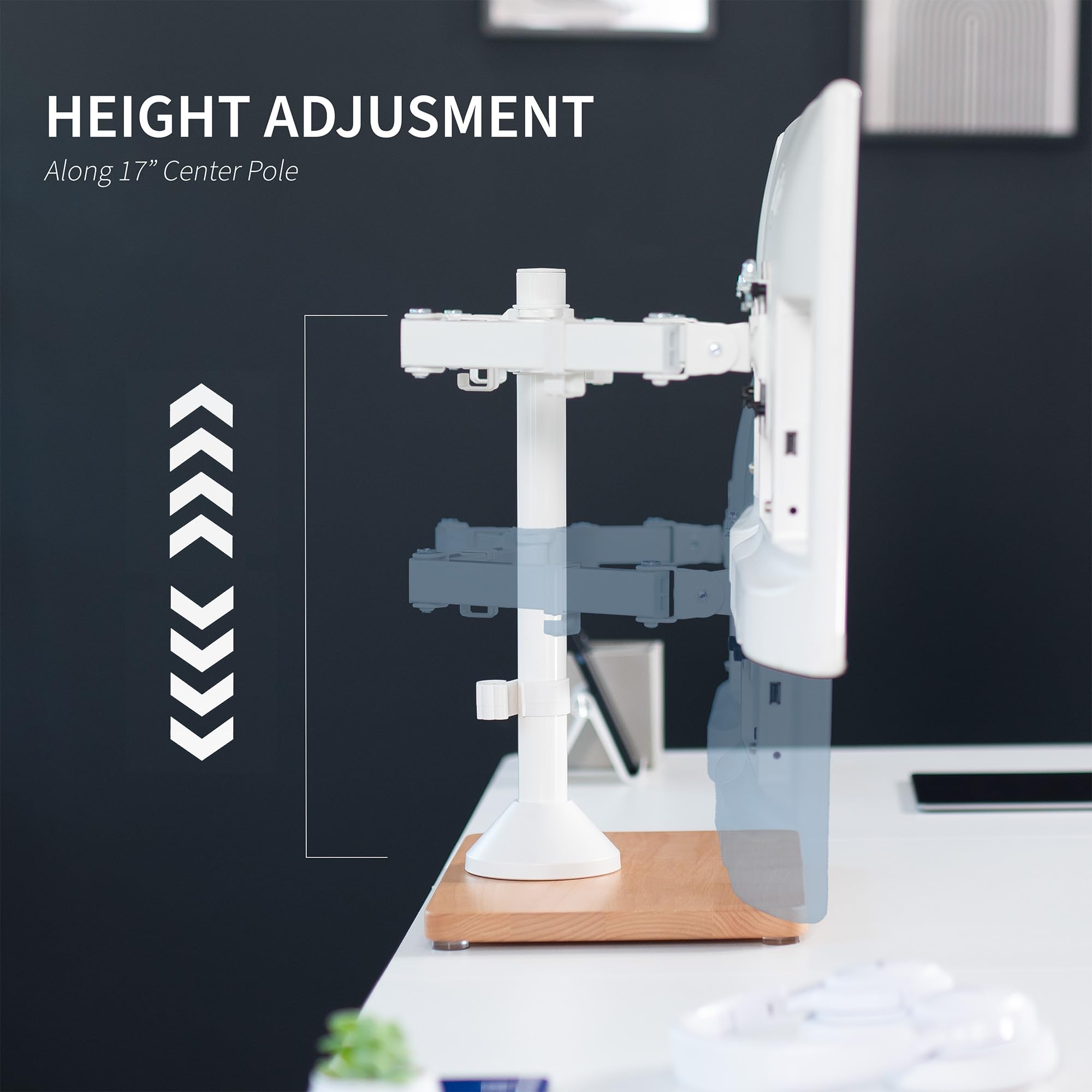 VIVO STAND-V002FD-W, Supporto per doppio monitor autoportante con base in legno massello e bracci regolabili, per 2 schermi fino a 32" e 10 kg ciascuno, bianco