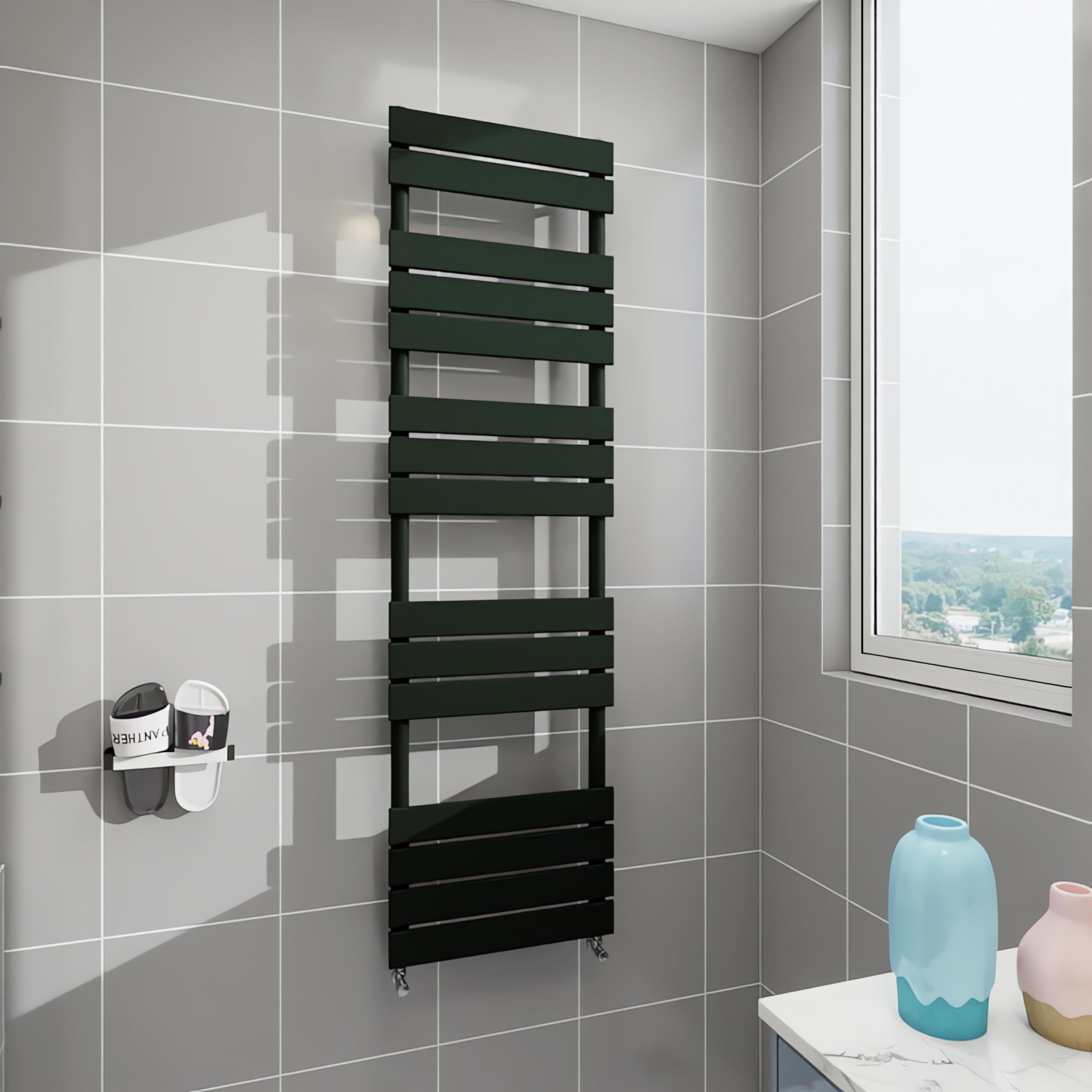 Simple Bathrooms Black Morden Bathroom Flat Panel Heated Towel Rail Radiator,Wall Mounted Central Heating Ladder Rad 1600X450mm
