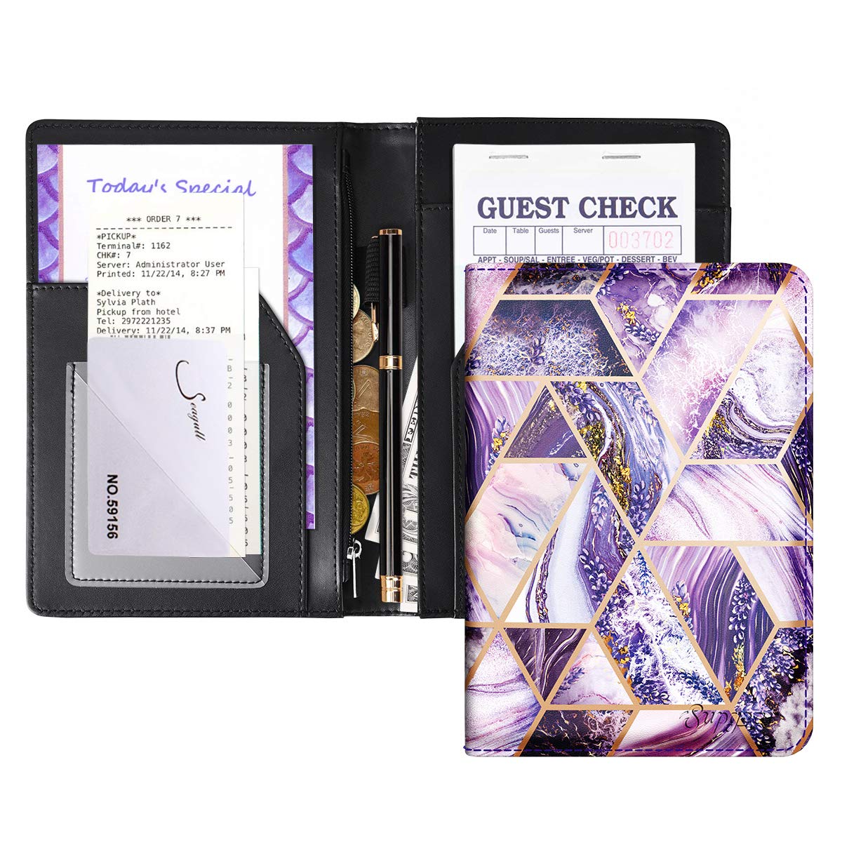 SUPGEAR Server Book for Waitress, 9-Pocket PU Leather Server Booklet Organizer with Double Magnetic Pockets, Pen HolderGuest Check Holder Zipper Pouch for Waiter Restaurant Waitstaff (Purple Bronzing)