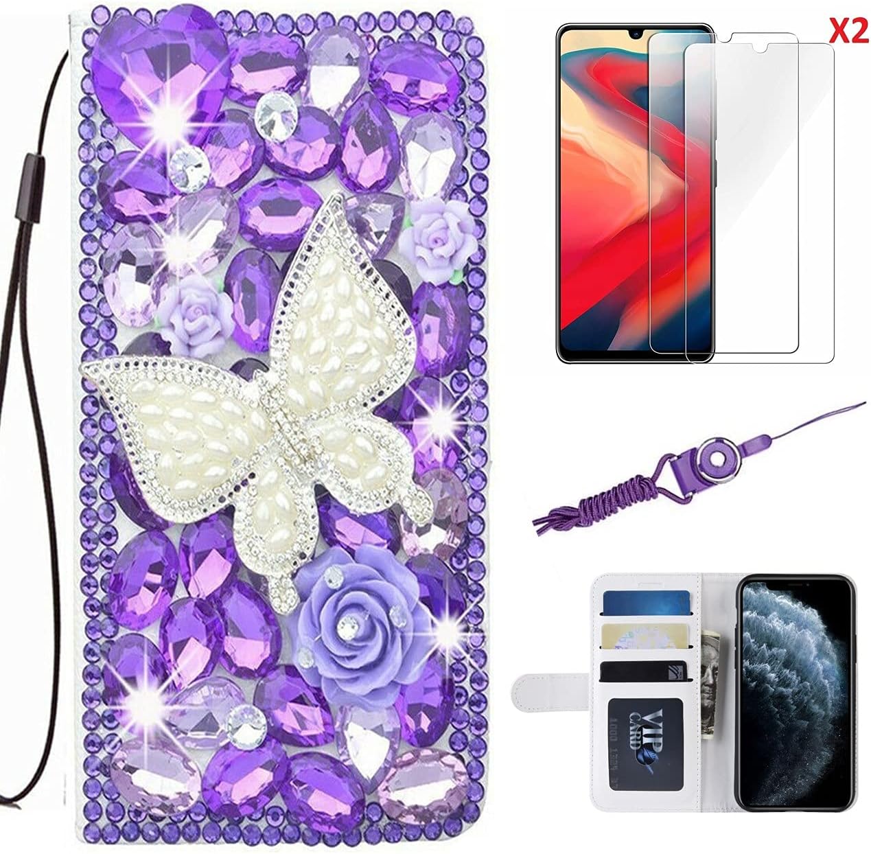 Girly Wallet Case for Samsung Galaxy with 2PCS Glass Screen Protector Bling Diamonds Leather Filo Stand Wallet Phone Cover with Lanyards for Women (Butterflys Flowers,for A14 5G/4G)