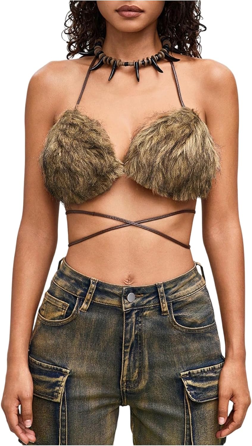 MakeMeChic Women's Faux Fur Bra Top Furry Halter Backless Crop Tops Criss Cross Tank Top Rave Party Clubwear