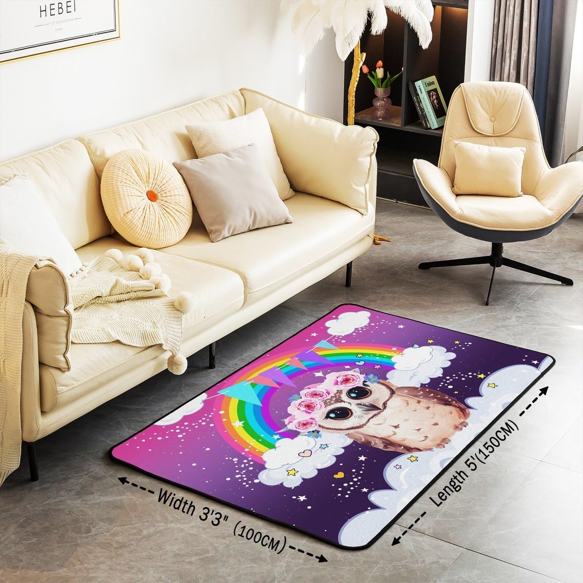 Erosebridal Rainbow Area Rug 3x5,Cartoon Animal Owl Rug for Kids Girls,Glitter Galaxy Clouds Stars Area Rugs,Watercolor Dreamy Artwork Indoor Floor Mat Non Slip