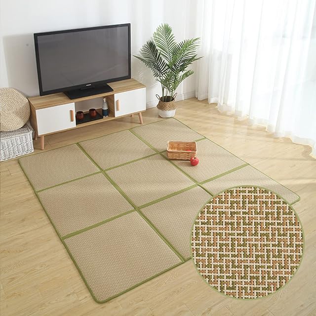 Nisorpa 180x180cm Tatami Area Rug Japanese Style Rattan Floor Mat Folding Non-Slip Carpet Pad Comfortable Sleeping Rest Playing Mat for Living Room Playroom Bedroom with Storage Bag