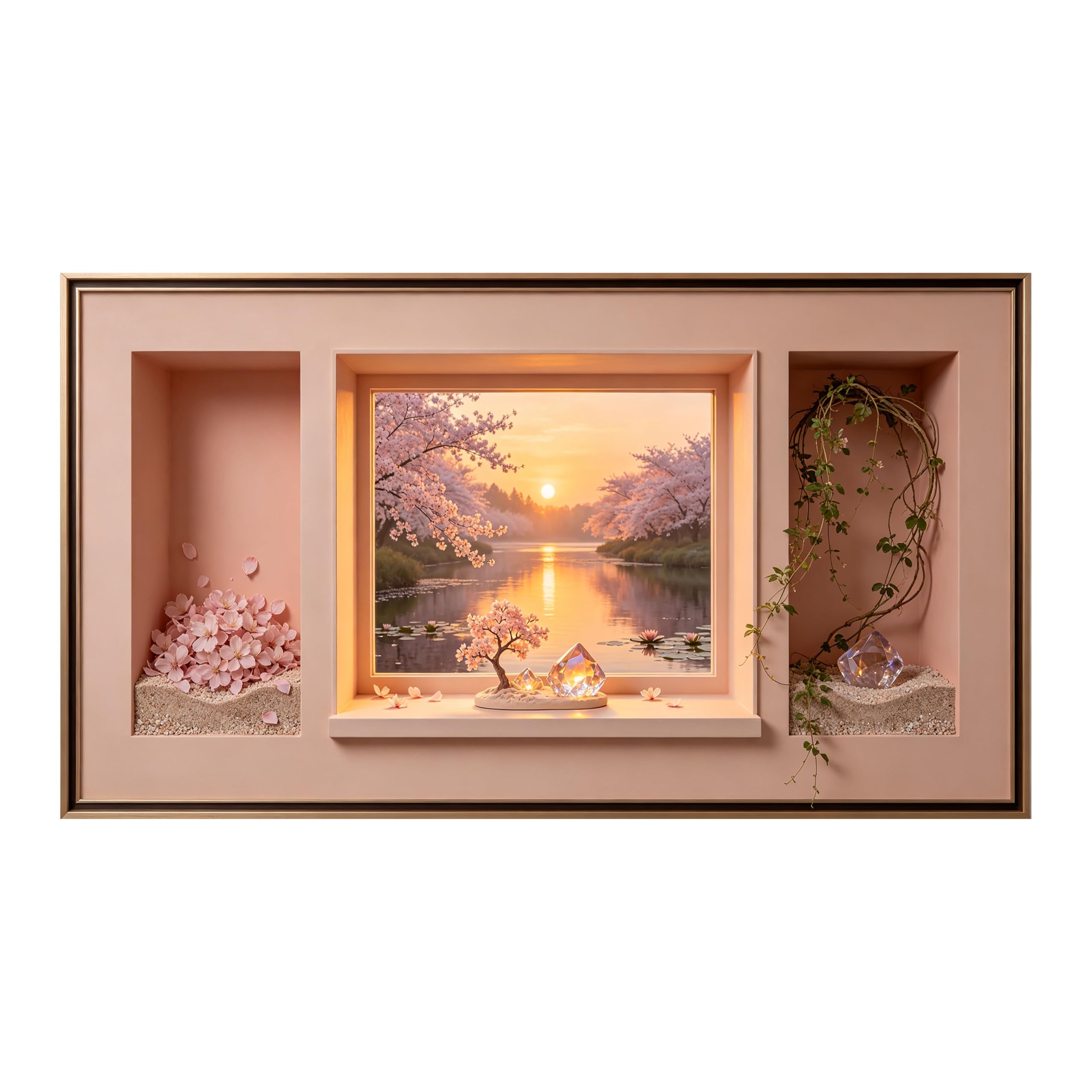 Yzpallescene 3D Framed Wall Art Cherry Blossom Lake Sunset Nordic Large Size SelfAdhesive Removable Wall Decor Prints Artwork for Living Room Bedroom Office