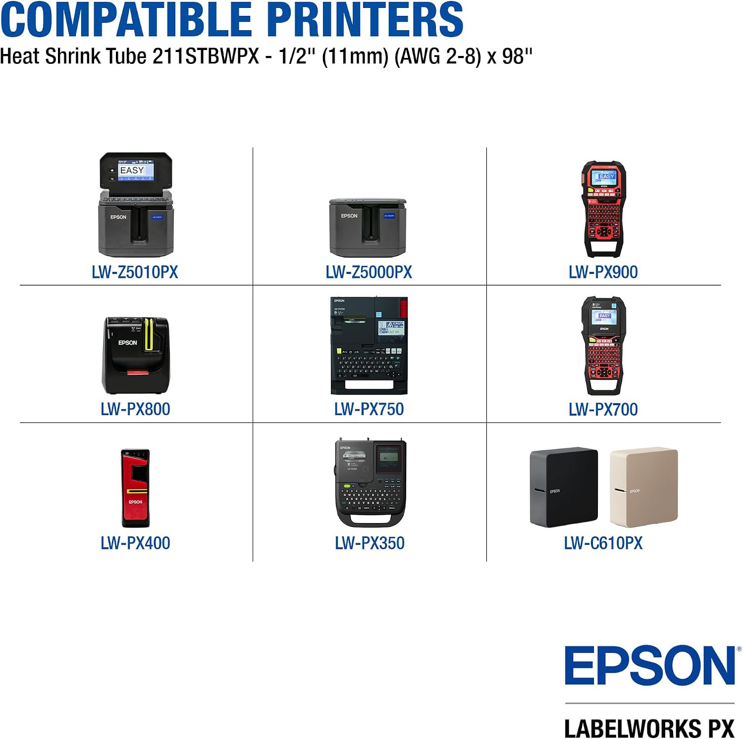 Epson LABELWORKS 211STBWPX-5PK Genuine Tape Cartridge - 5 Unit Pack of Black on White Shrink Tube Industrial Label Maker Tape - AWG 2-8, 1/2" (11MM) Wide, 8 ft (96") - 5 Pack
