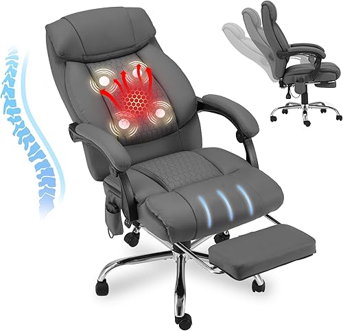 HOMREST Silla de oficina ejecutiva de masaje de cuatro puntos con reposapiés, silla de oficina de masaje reclinable con calefacción, silla