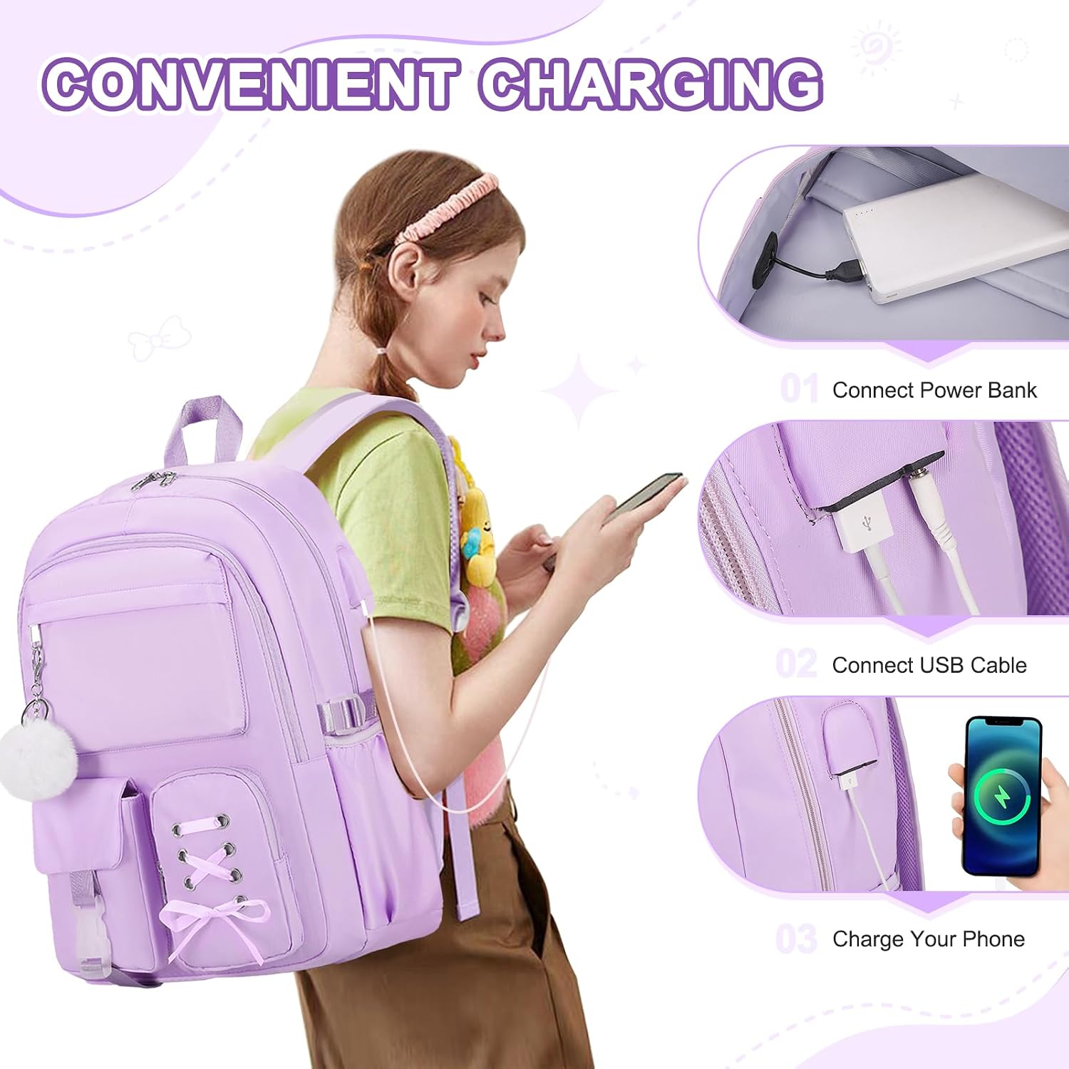 Scothen Backpacks for Girls, Girls Backpack with Lunch Box & Pencil Pouch for Teens Girl Kids Elementary Middle High School College Student Bookbag Daypack Laptop Travel Backpack for Women (Purple)