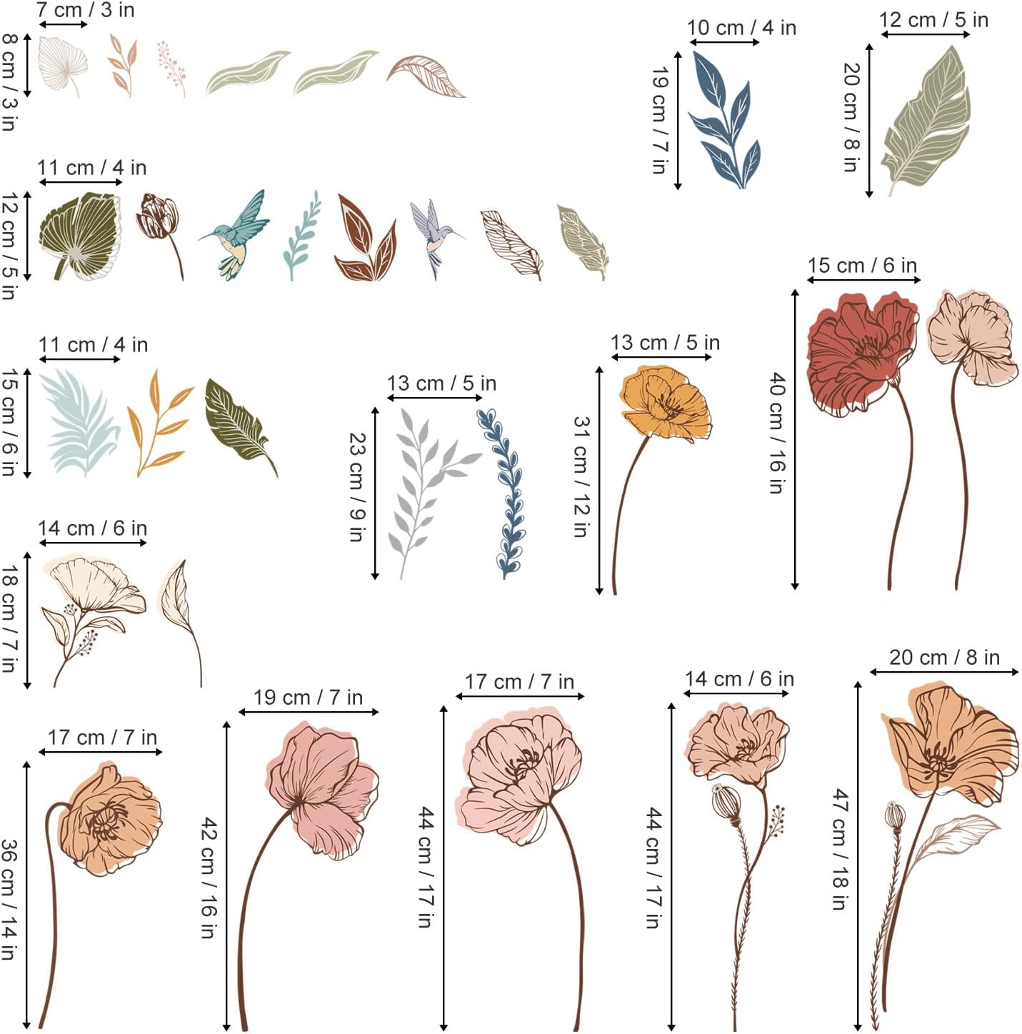 wondever Boho Flower Wall Stickers Floral Leaves Grass Peel and Stick Wall Art Decals for Living Room Bedroom TV Wall