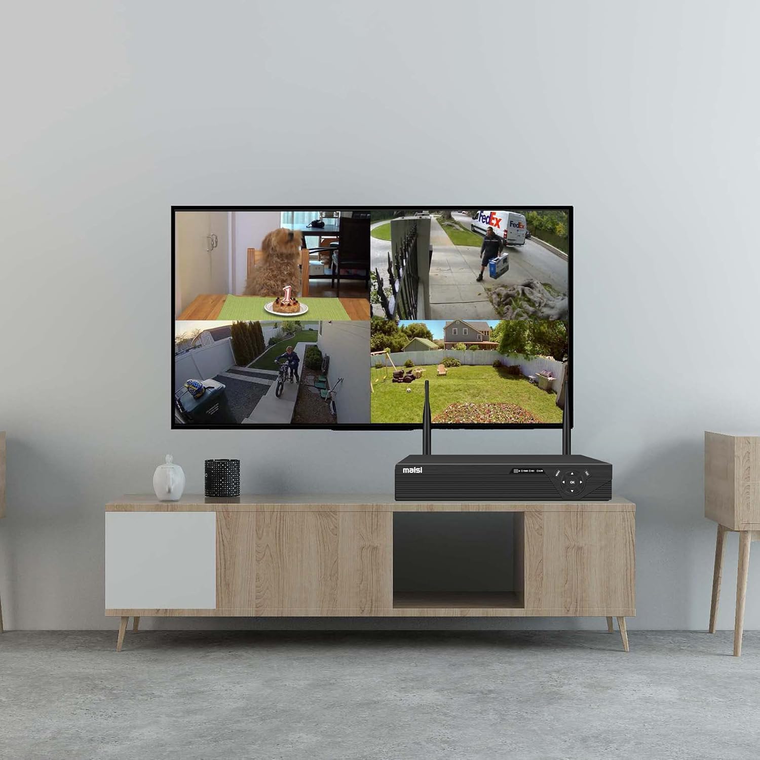 maisi NVR connected to a television displaying a four-panel live view from security cameras.