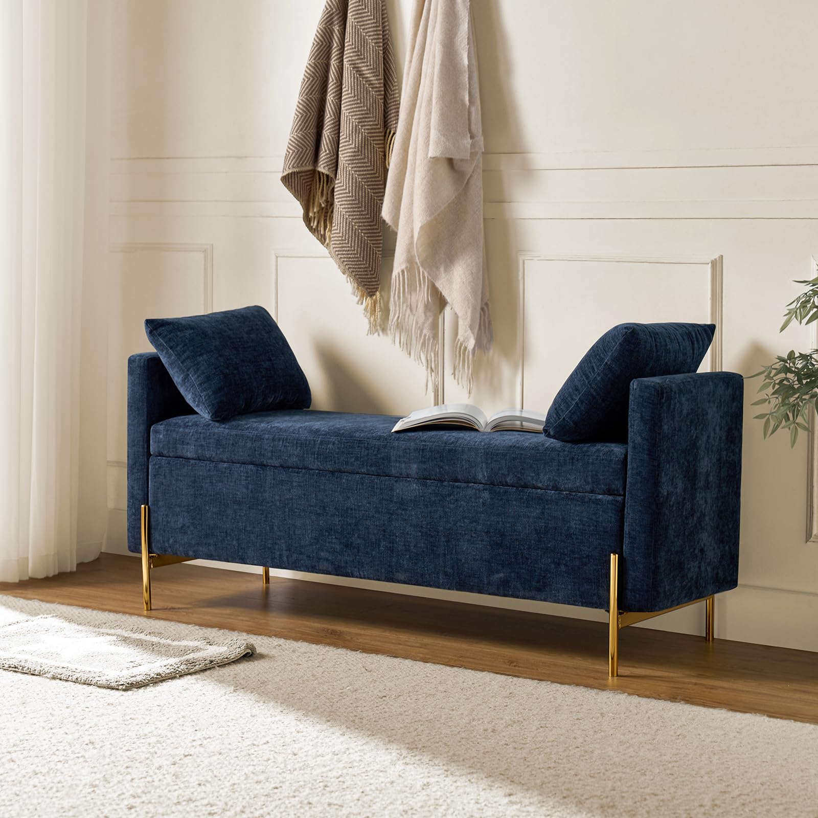 Banc de rangement en chenille bleu marine avec pieds en métal réglables