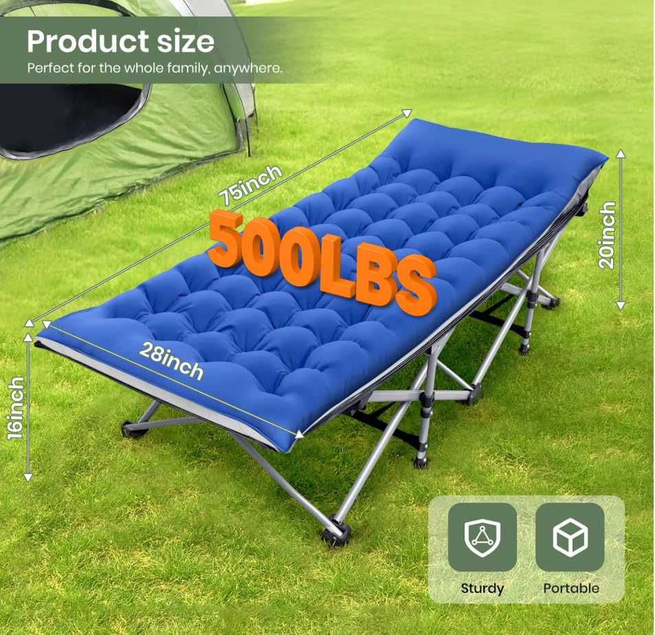 Camping Cot with Padded Mattress, Blue, Includes Carrying Bag