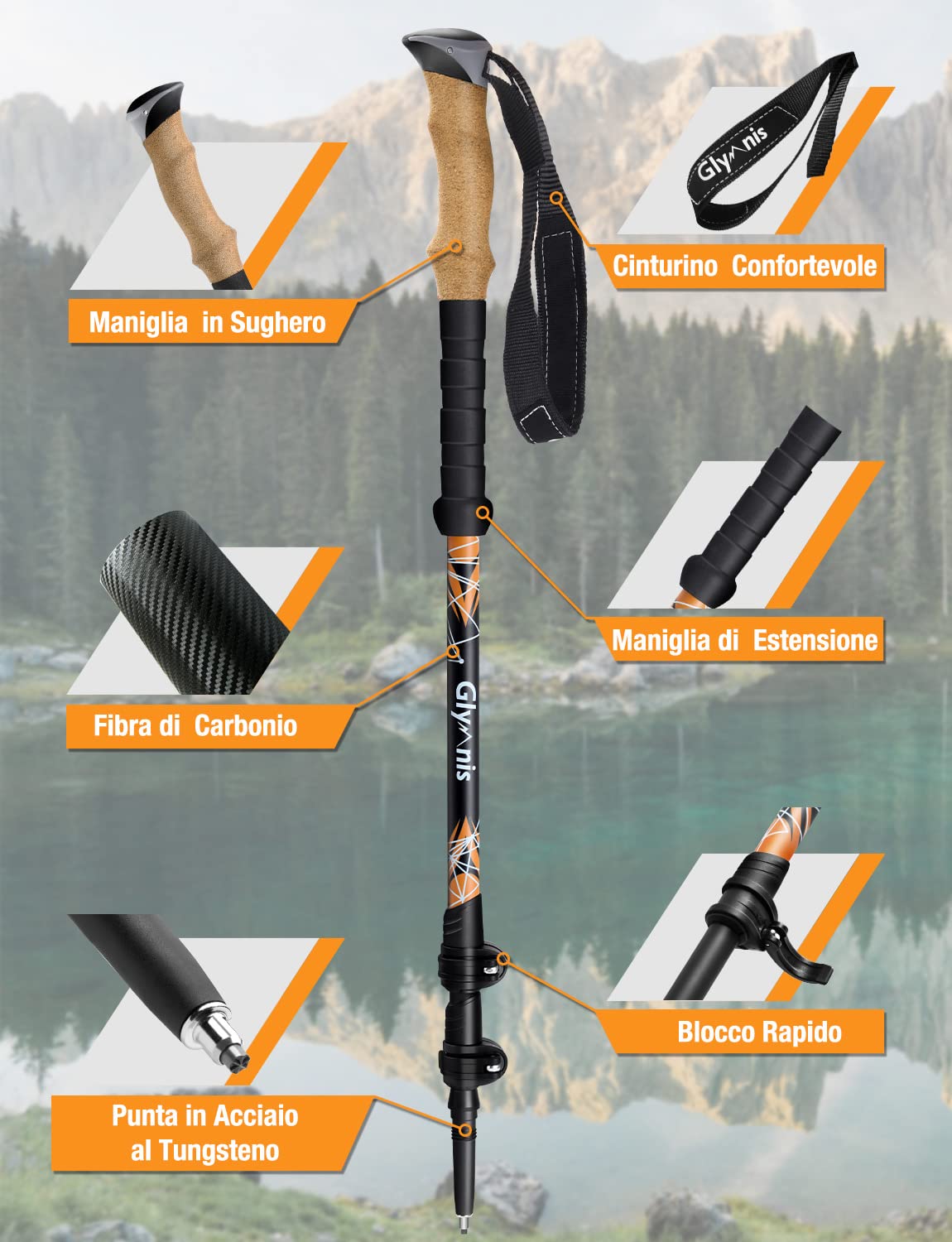 Glymnis Bastoni Trekking Bastoncini Da Trekking 3 Sezioni in Fibra Di Carbonio Ultraleggero E Telescopico Lunghezza Regolabile 65-135cm Con Sistema Di Blocco Rapido E Impugnatura in Sughero