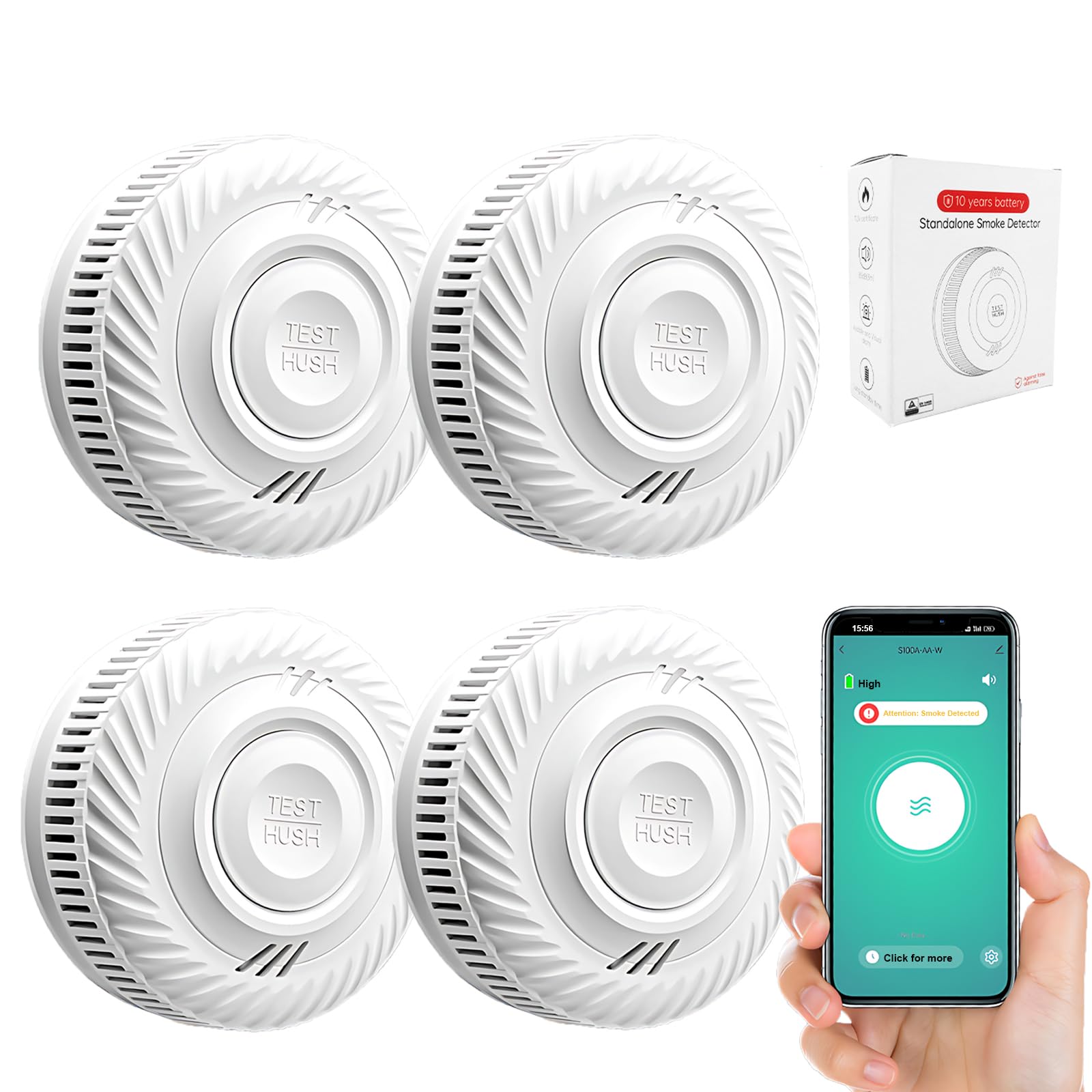 Slimme Rookmelder Brandalarm, Rookmelder met Geavanceerde Foto-elektrische Sensor, App Afstandsmonitor Brandalarm met 10 Jaar Levensduur Batterij, 85dB Alarm met LED Waarschuwingslamp Indicator. 4PCS