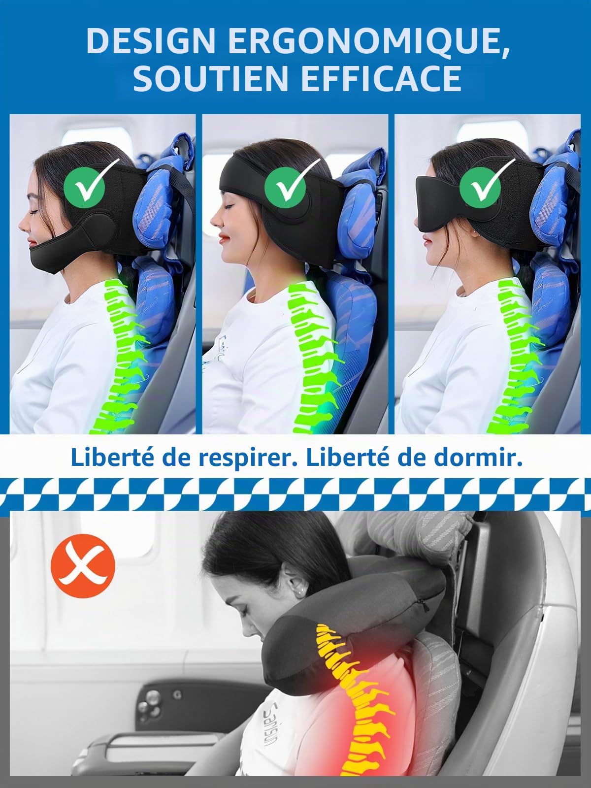 SARISUN Oreiller de Voyage avec mentonnière, Oreiller d'avion avec Masque de Sommeil 3D, Sangle de Maintien à 360° pour Tous Les sièges d'avion, indispensables pour Les Longs Vols, Noir