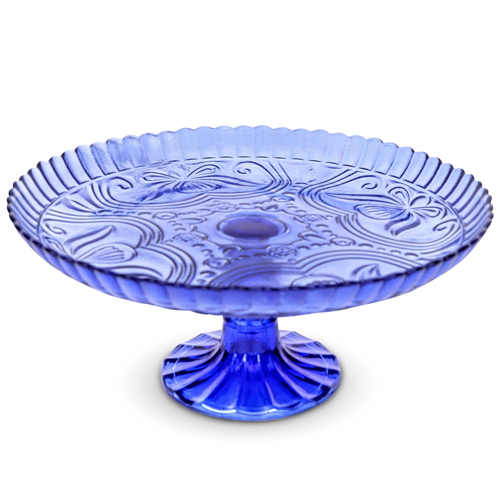 Amici Home Flower Footed Glass Cake Stand | 10 Inch Vintage Cake Plate For Desserts | Cobalt Blue Serving Platter