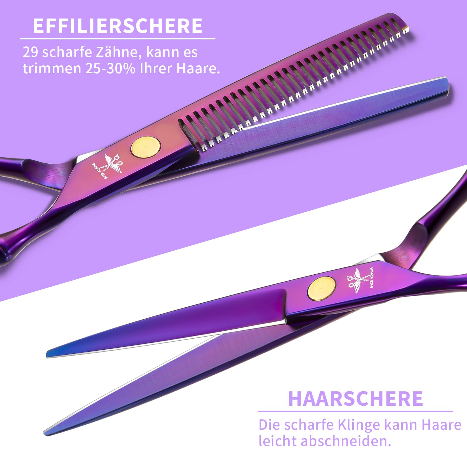 PURPLEBIRD Haarschneideschere, Profi Haarschere Friseurschere Set aus Edelstahl Haarschneideschere und Effilierschere für Barbier/Friseur/Anfänger 10 Stück (Lila)