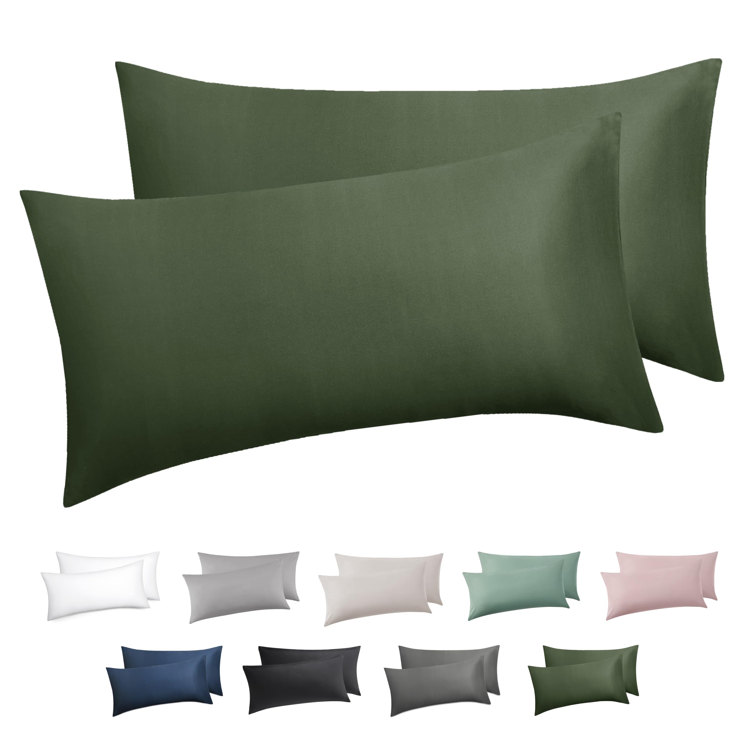 BEDSURE Kissenbezug 40 x 80 2er Set - 100% Baumwolle Kopfkissenbezug 40x80, Kissenbezüge mit Reißverschluss, Kissenhülle - Weich Atmungsaktiv und Langlebig, Oeko-TEX Zertifiziert, Olivgrün
