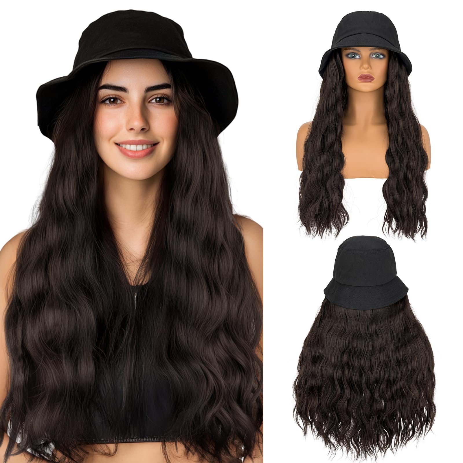 S-noilite Hat Wig for Women Bucket Hat Wig with 18 inch Long Curly Wave Hairstyle Synthetic Hair Extensions