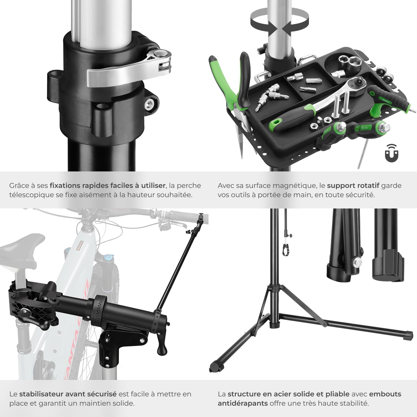 tectake® Set de Support Velo Pieds d'atelier & Sacoche velo, Montage Entretien Reparation VTT Vélo électrique Velo de course, Support pour Outils, Charge max. 50kg Réglable Pliable 108x81x106-169 cm