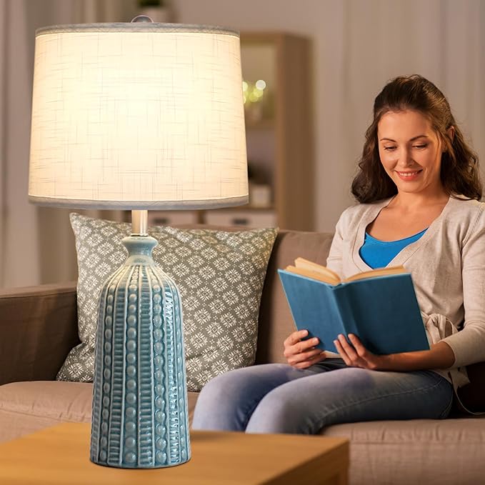 Lámpara de Mesa JUNNAI Verde Cerámica 24.5" con Pantalla Blanca y Bombilla LED miniatura 7