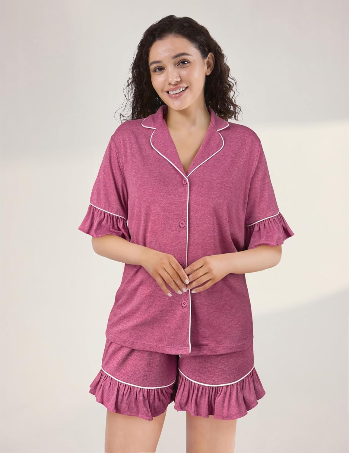 Summer Pajama Set for Women, Short Sleeve Button Down Pjs, 2 Piece Heart Print Loungewear Sleepwear - Image 5