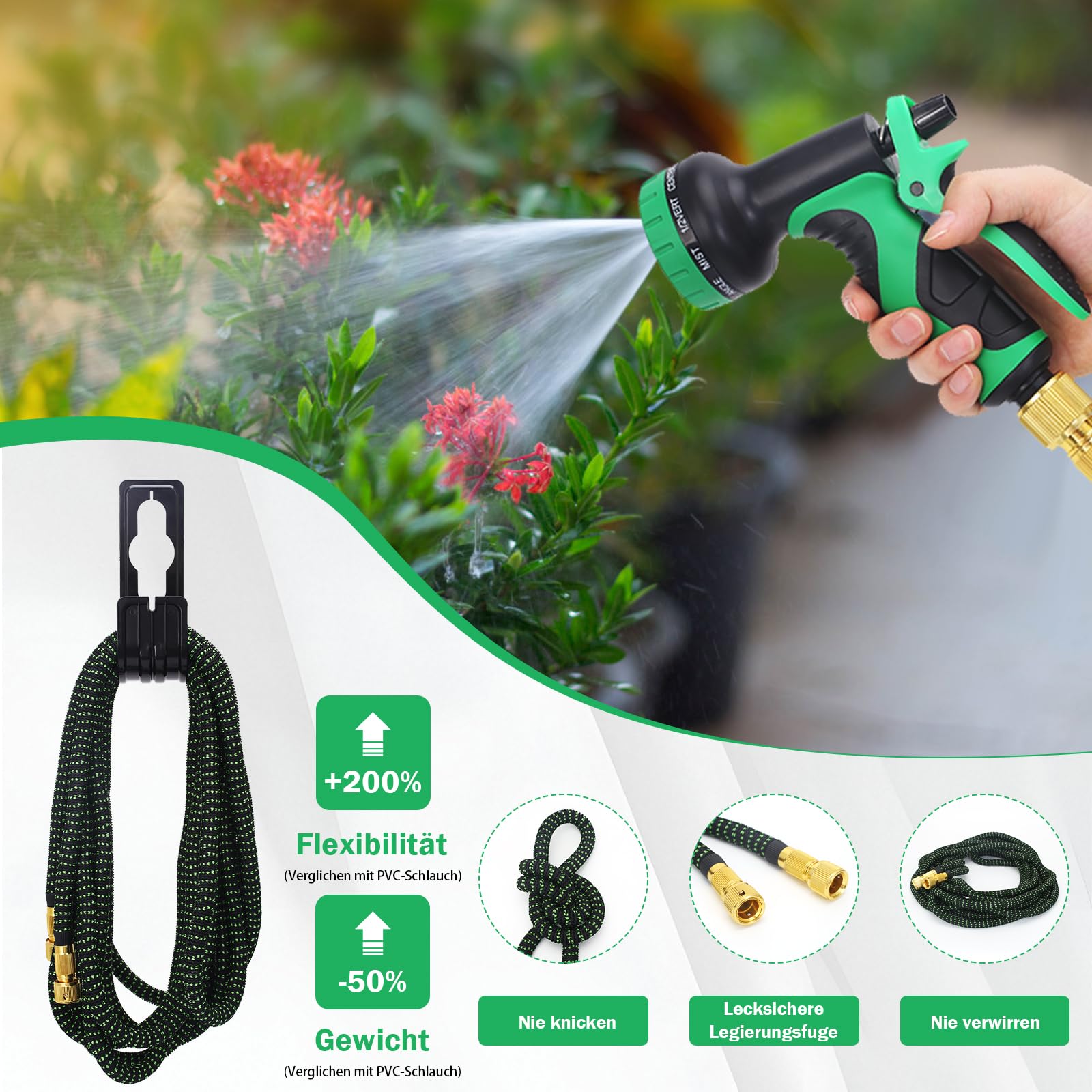 Flexibler Gartenschlauch 15m/50FT,knickfrei,Garden Hose Schlauch mit 10-Funktions-Spray,Strapazierfähiger 3 lagiger Latex Wasserschlauch 3/4 Zoll und 1/2 Zoll