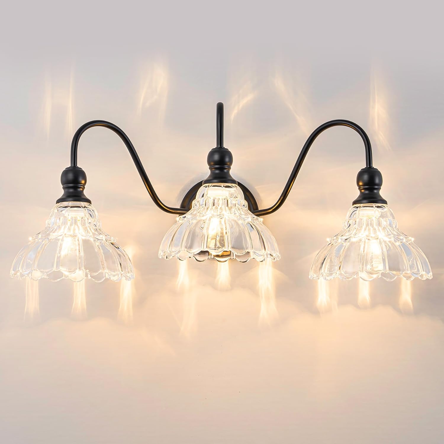 Vintage Bathroom Light Fixtures Over Mirror, 3-Light Black Wall Sconce Lighting with Flower Glass Shade, Farmhouse Vanity Lights for Bedroom Kitchen Living Room Hallway Light Black 3-light