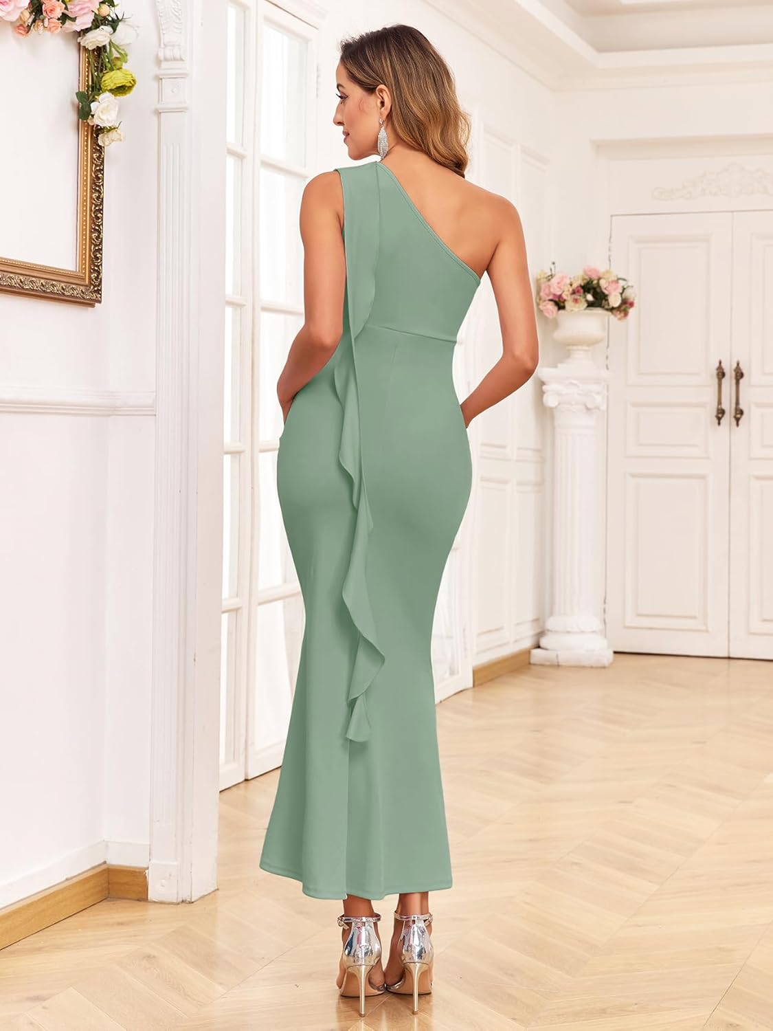 AISWI One Shouler Maternity Mermaid Dress with Flowing Ruffle Tassel Bodycon Pregnancy Dresses Baby Shower, Without Belt