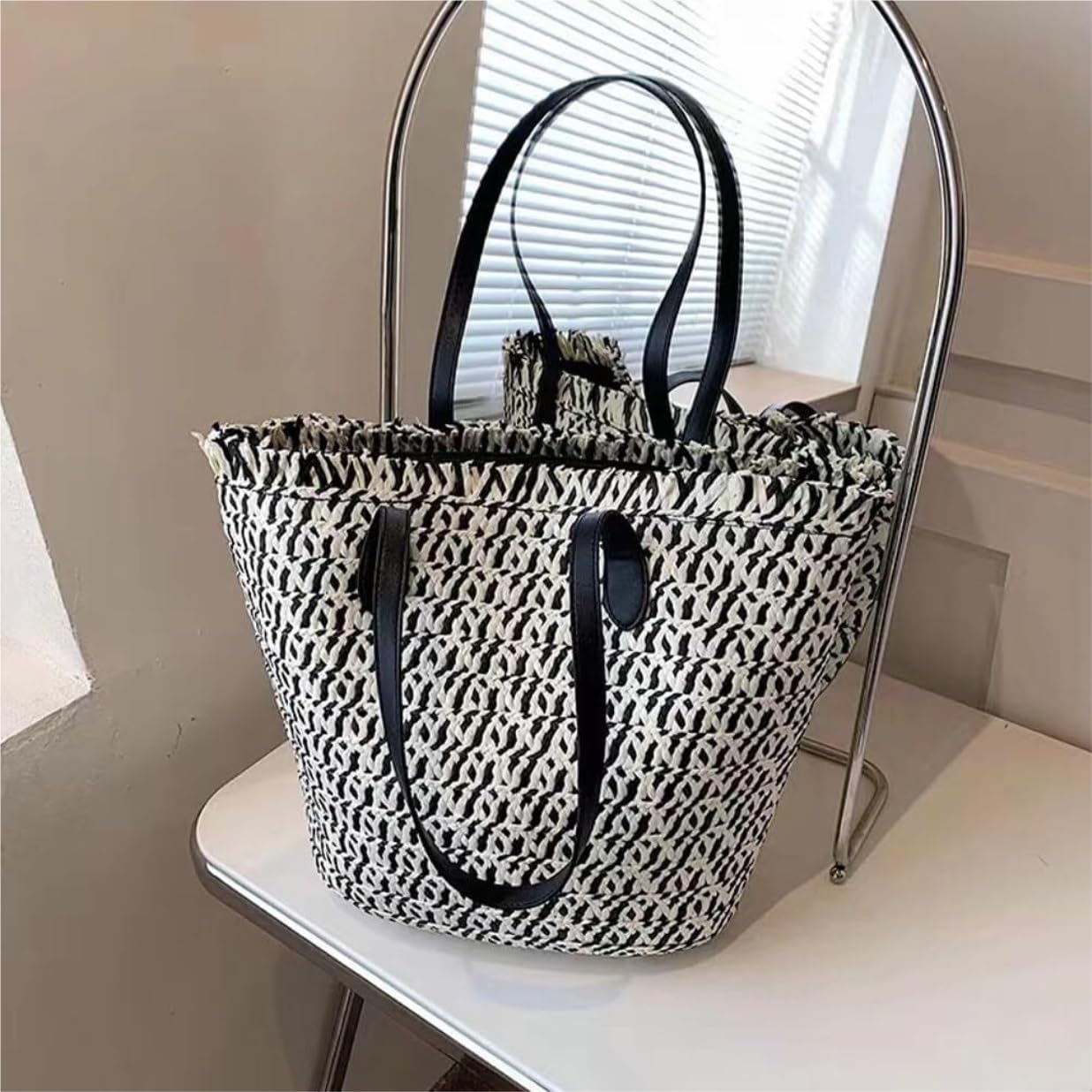Bolso de Paja Los Bolsos Grandes De La Paja para Las Mujeres Hacen Punto El Bolso Playa Bolsa Asas Mujer(Black)