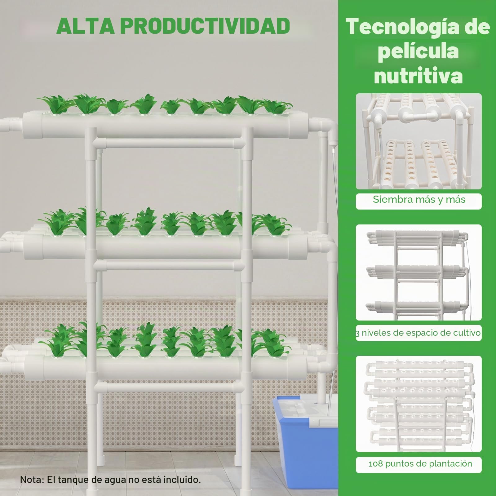 Kit de cultivo de hidropeno Tierra sin cultivo Uso de tubo en U de PVC con dispositivo de temporización 3 capas 108 agujeros hidroponía sin tierra sistema de crecimiento hidropónico