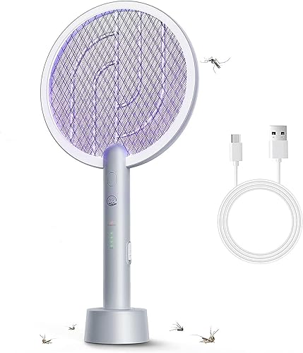 Raqueta matamoscas eléctrica, 2 en 1, matamoscas con base recargable USB, 4000 voltios para interiores y exteriores, con malla de seguridad de 3