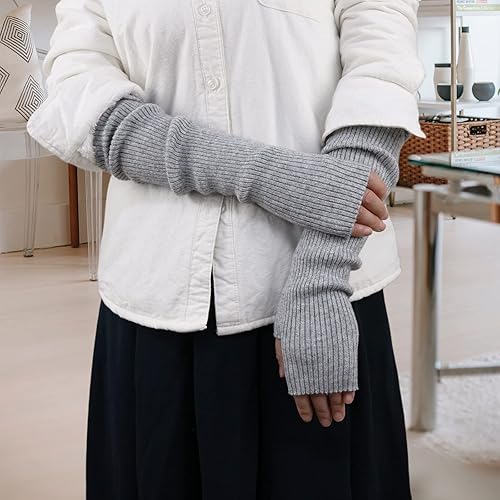 Miniatura 7 de Facecozy Calentadores de brazos para mujer, mezcla de lana de cachemira, guantes largos sin dedos para mujer, guantes para clima frío con agujero