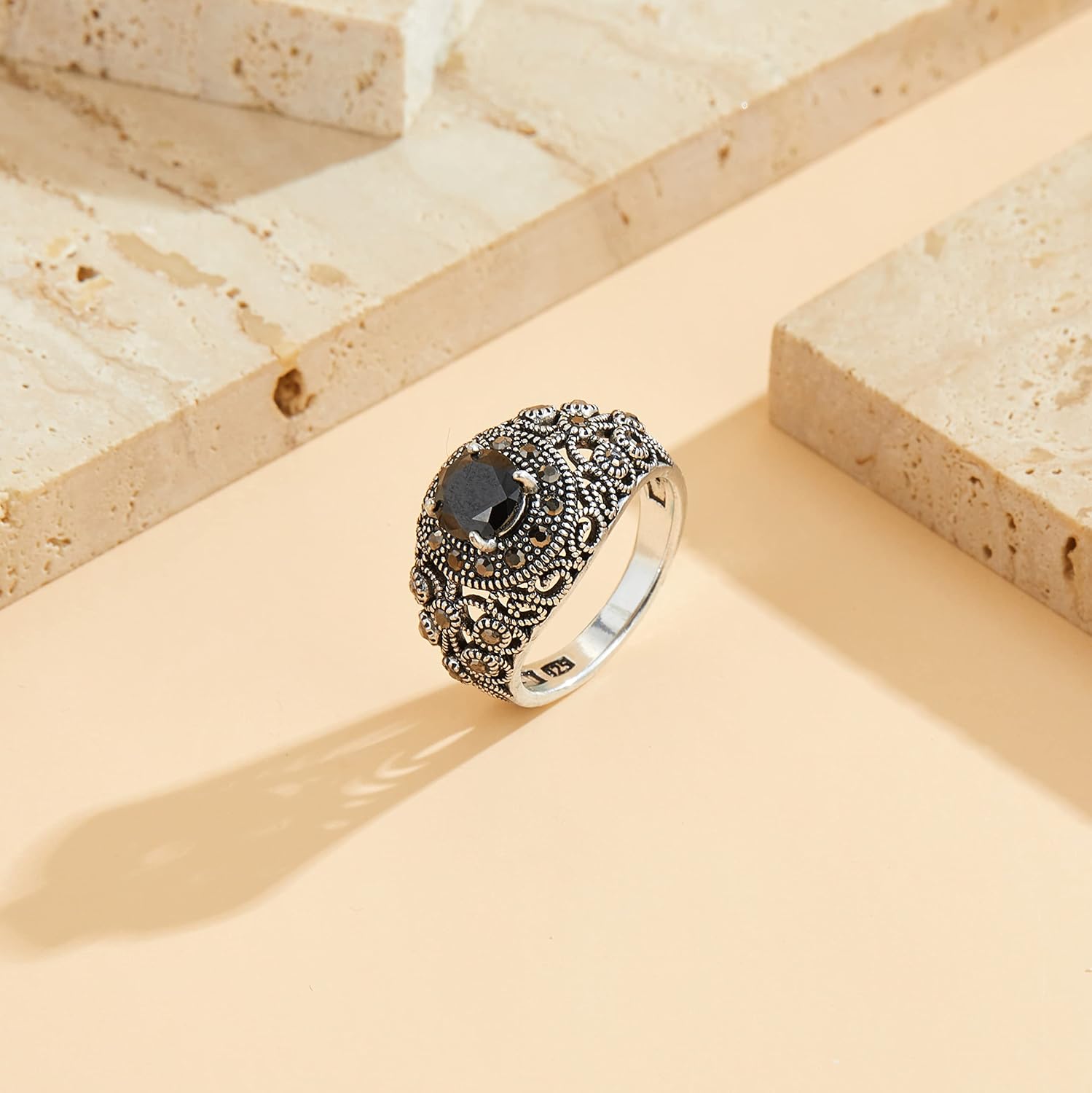 Mytys Black Onyx Stone Rings for Women Marcasite Vintage Cocktail Statement Rings Silver Chunky Crystal Antique Retro for victorians Jewelry Gift - Image 5