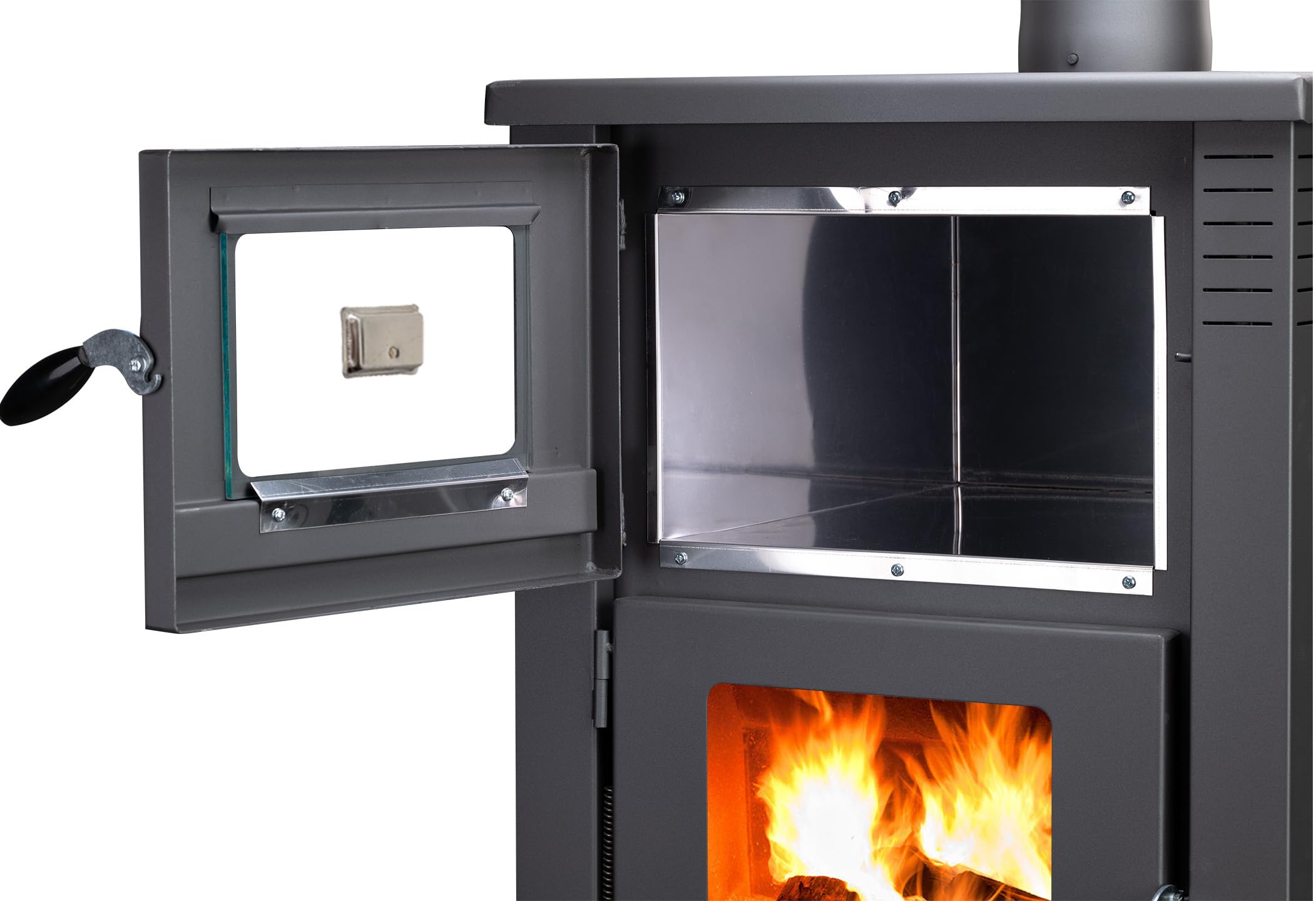 ProTermo Taurus Schwarz/Antrazit Kaminofen mit Backfach – 12kW Heizleistung - Holzofen mit Schamottstein Energieeffizienzklasse A 52 x 50 x 107cm 2 Sichtfenster