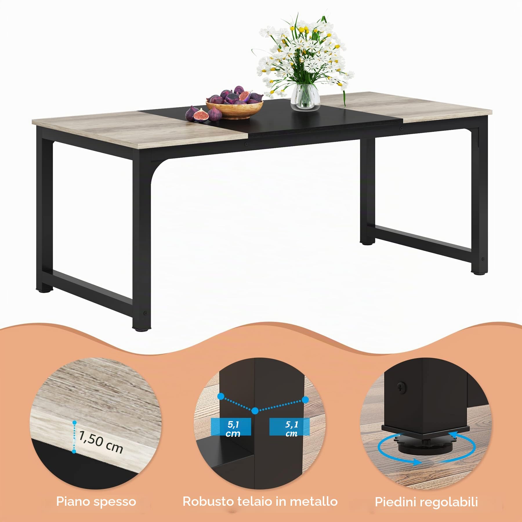 Tribesigns Tavolo da pranzo industriale da 180,3 x 80 cm, per 6-8 persone, tavolo da pranzo rettangolare per sala da pranzo, cucina, soggiorno, con gambe in metallo resistente (Grigio vintage)
