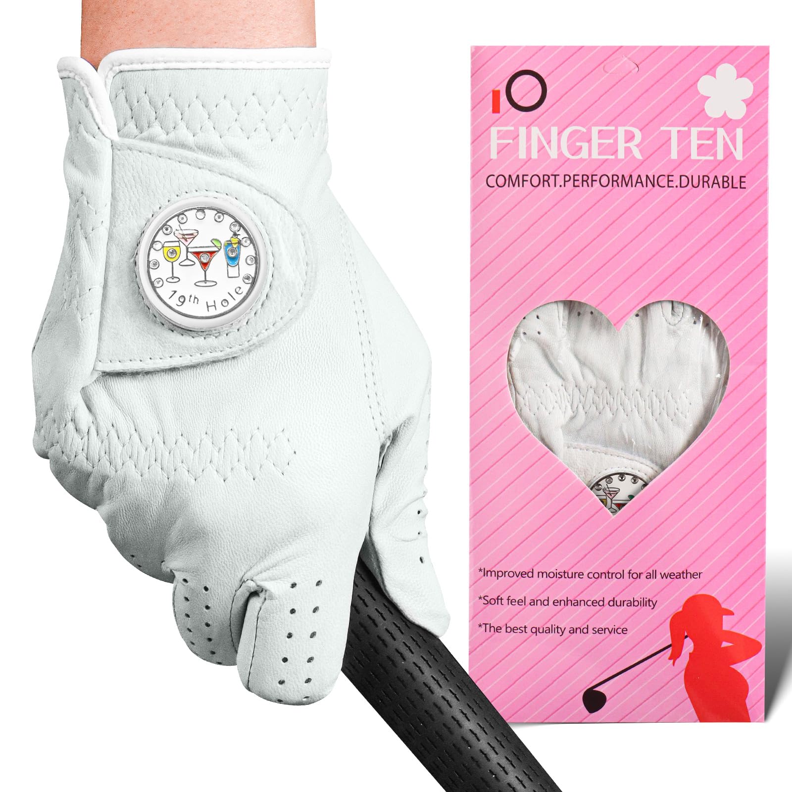 FINGER TEN Women’s Golf Gloves All Cabretta Leather With Ball Marker 1 Pack, Premium Soft & Flexibility Ladies for Left Right Hand, Available in White – Sizes S to XL (Wine Glass, M, Right)