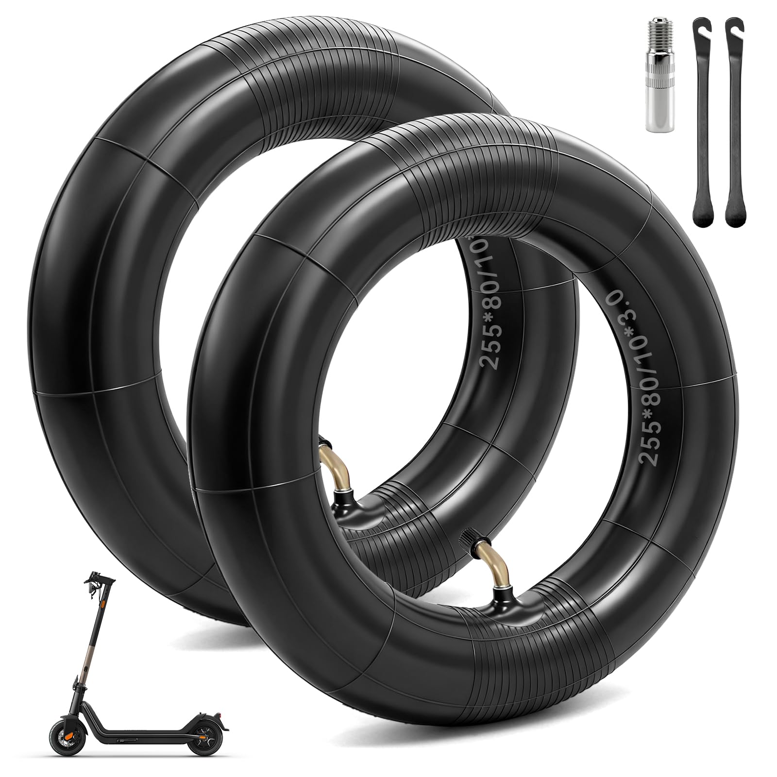 PWGHWG Pack of 2 80/65-6 Reinforced Inner Tube, 255 x 80 E Scooter Hose, E Scooter Tyre Replacement Tube 10 x 3 Inch with Curved Air Valve, Valve Extension, Tyre Lever