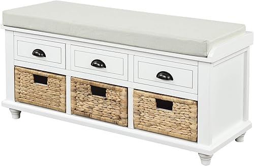 Miniatura 52 de SOFTSEA - Banco organizador de almacenamiento con 3 cajones, 3 canastas de ratán y cojín extraíble, para entrada, pasillo, sala de estar (negro)