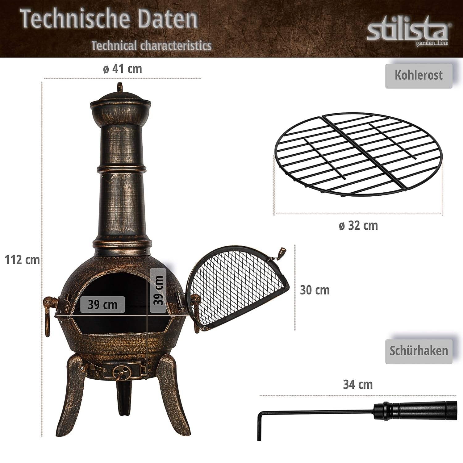 STILISTA® Terrassenofen 112 cm aus Gusseisen mit Funkenschutz und Schürhaken, Silber Grau