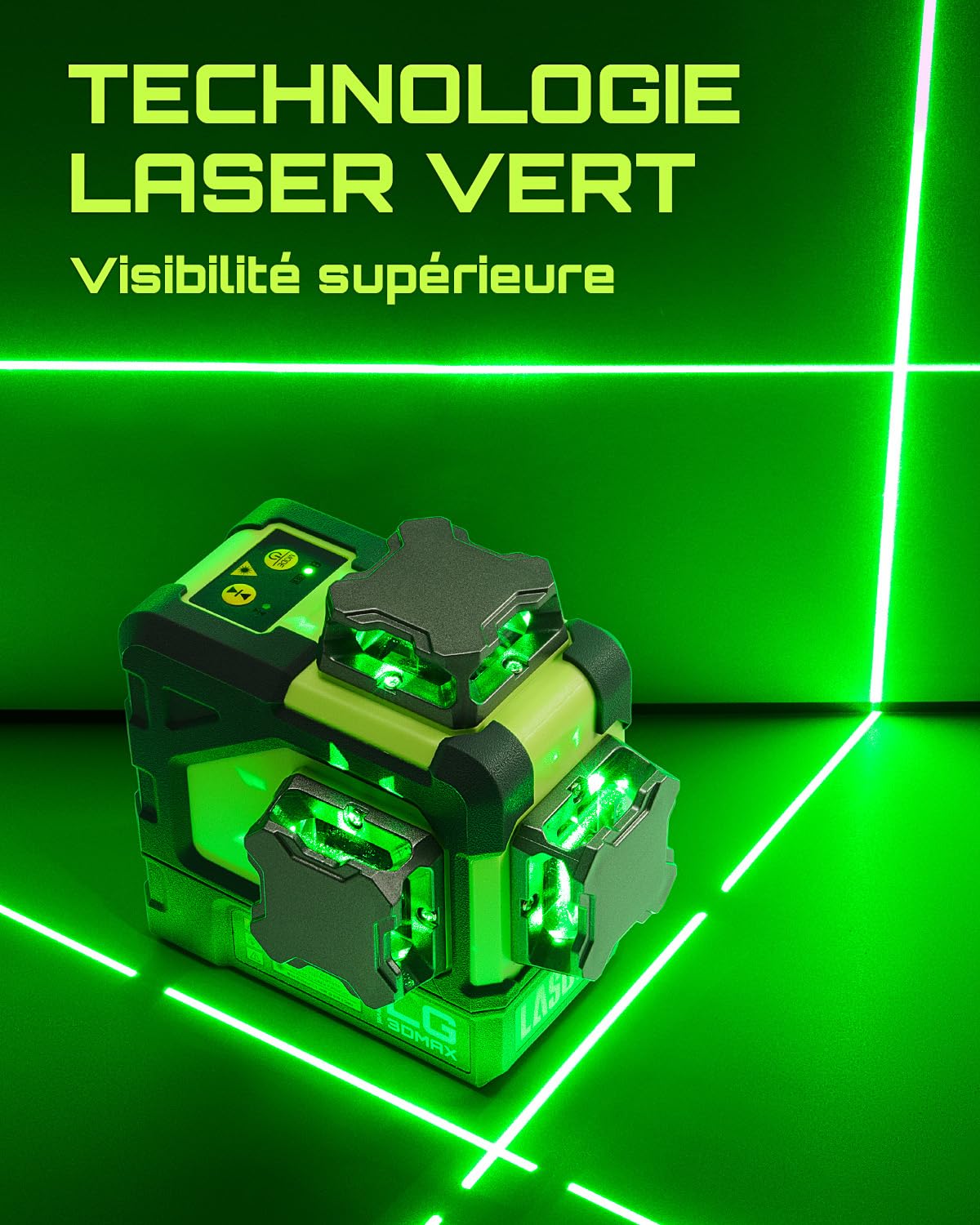 LasGoo LG-3DMAX Niveau Laser 3x360° Vert, Laser Croisé Auto-Nivellant 3D, 2 Batteries Lithium Rechargeables, Adaptateur de Réglage, Lunettes et Étui Rigide