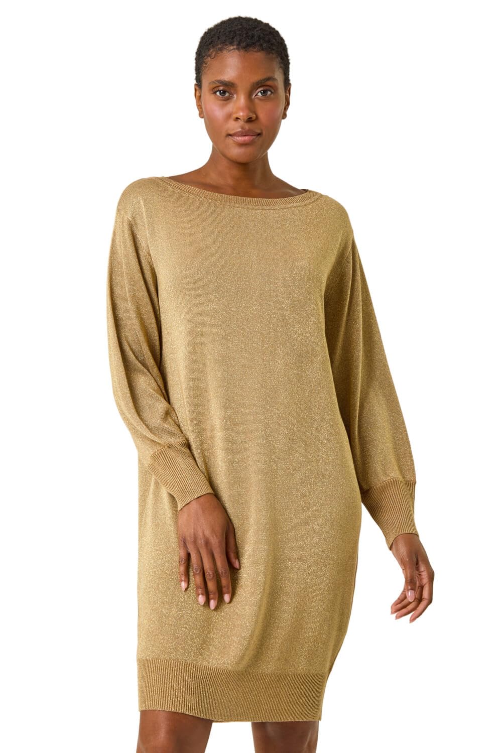 Roman Originals Women's Gold Knitted Jumper Dress For Uk Stretchy Knit Knitwear Autumn Winter Casual Smart Pull On Work Long Sleeves Slouch Above Knee Short Length - Size 18