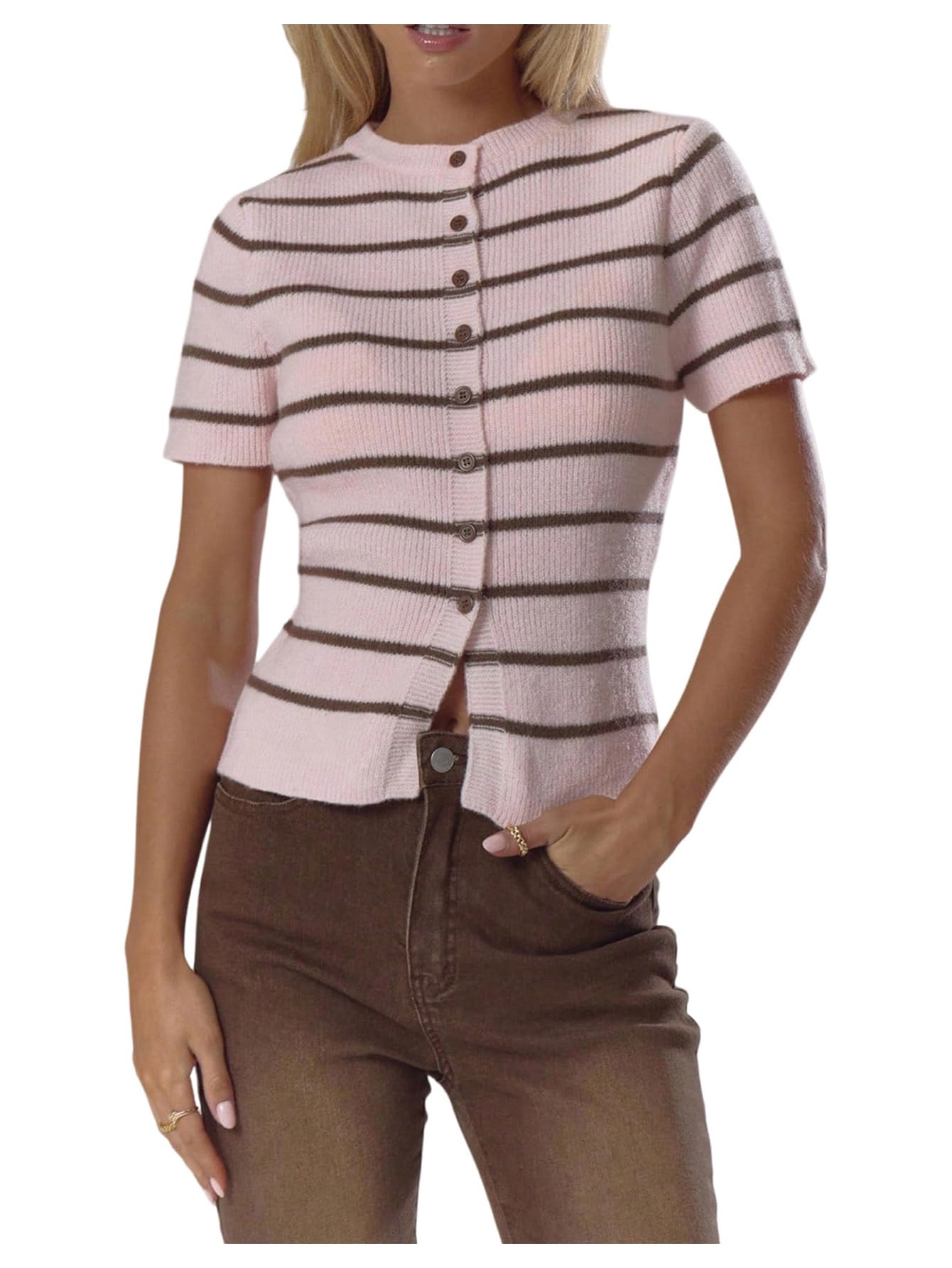 MakeMeChic Womens Fall Y2K Striped Cardigan Cute Short Sleeve Button Down Sweater