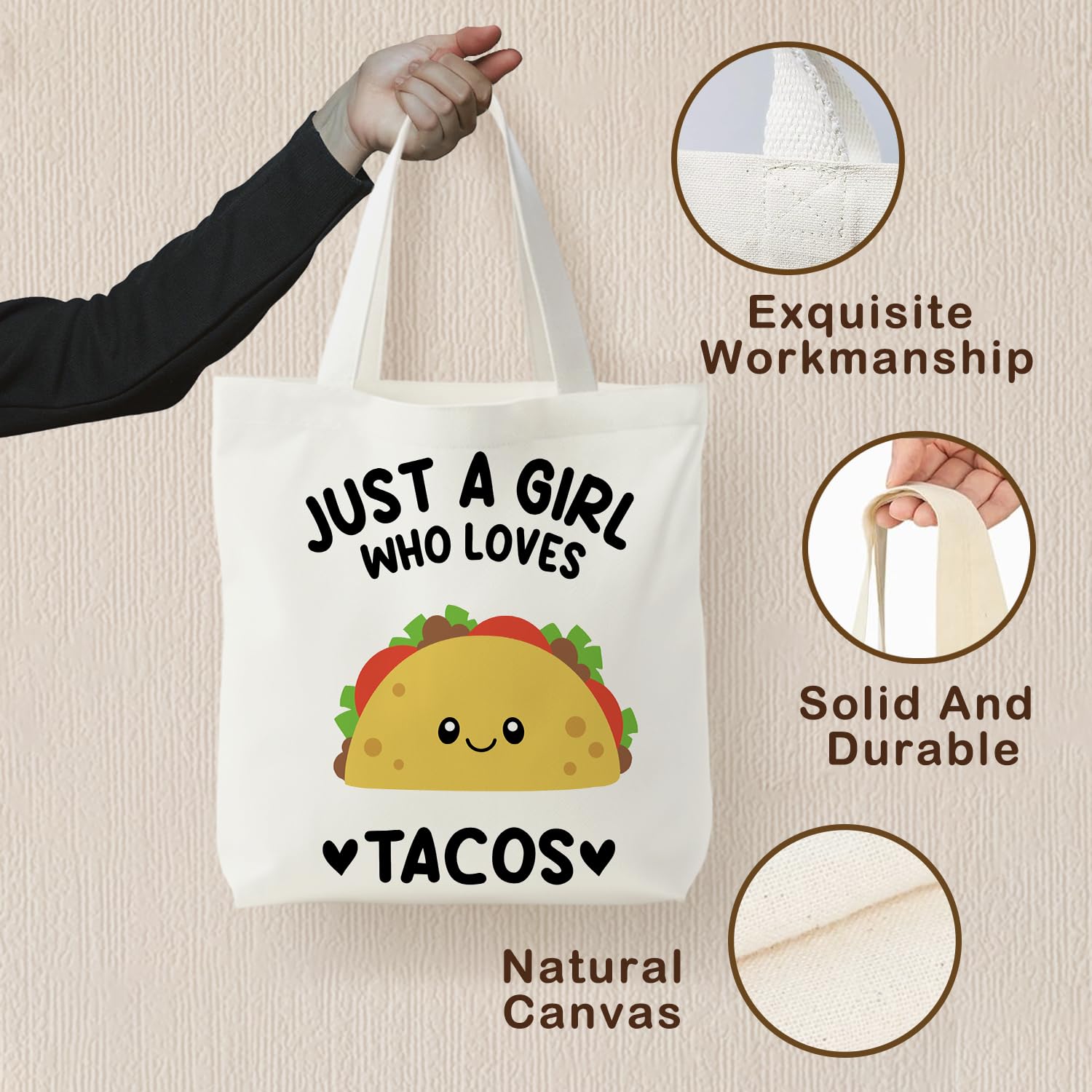 KEUSPI Mexican Taco Gifts Tote Bag for Women, Mexican Gifts Canvas Tote Bag, Gift for Taco Lovers, Just a Girl Who Loves Tacos Reusable Shopping Grocery Bags