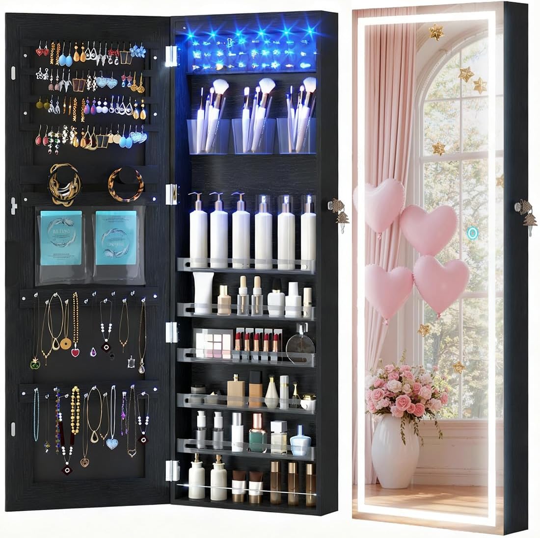 Espejo Armario Organizador de Joyería con Luces LED, Rectangular, 107.95 x 36.83 cm