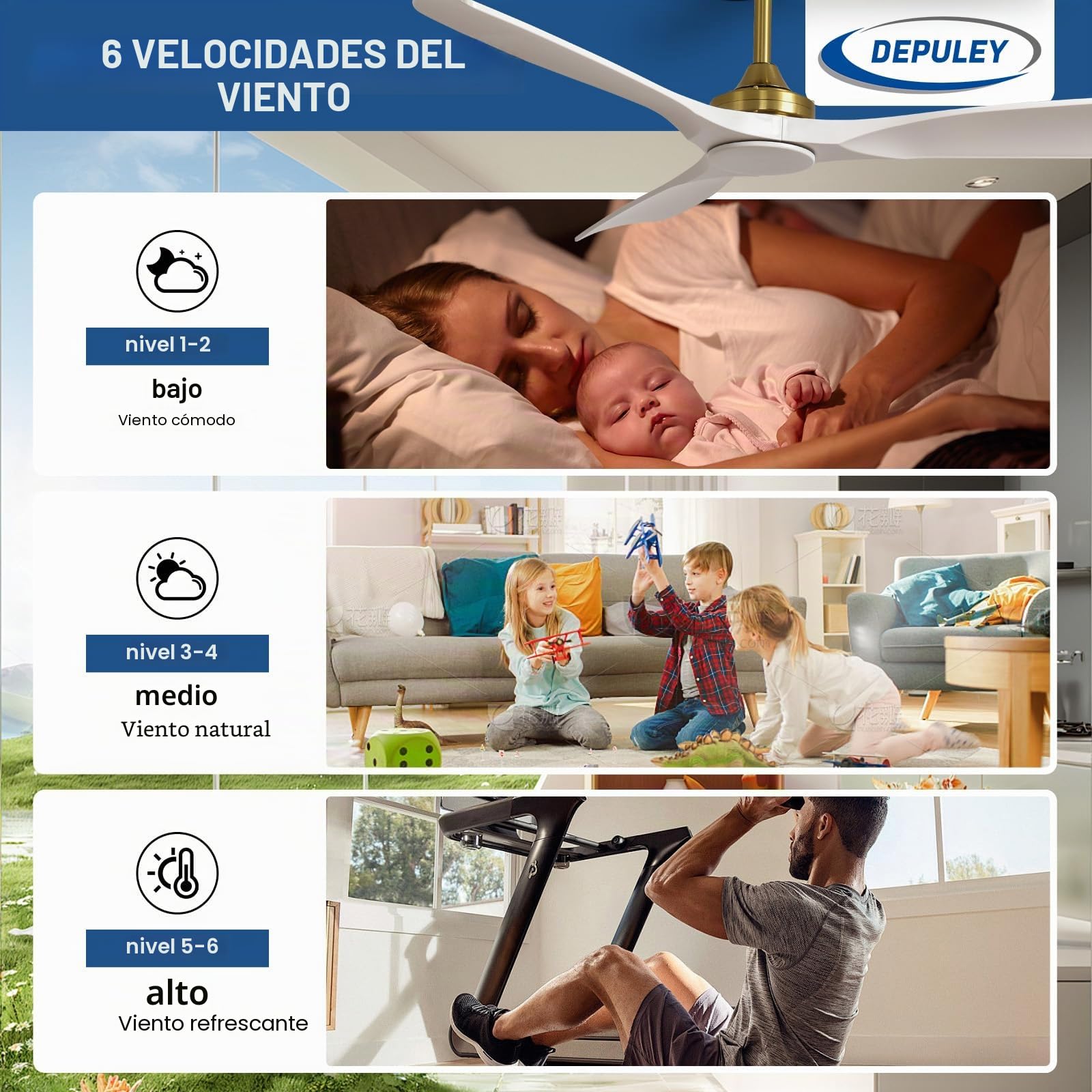 Depuley Ventilador de techo sin luz: Ventilador de exterior de 52 pulgadas con control remoto por aplicación para porches y terrazas - Ventilador de techo blanco dorado sin luz para interiores